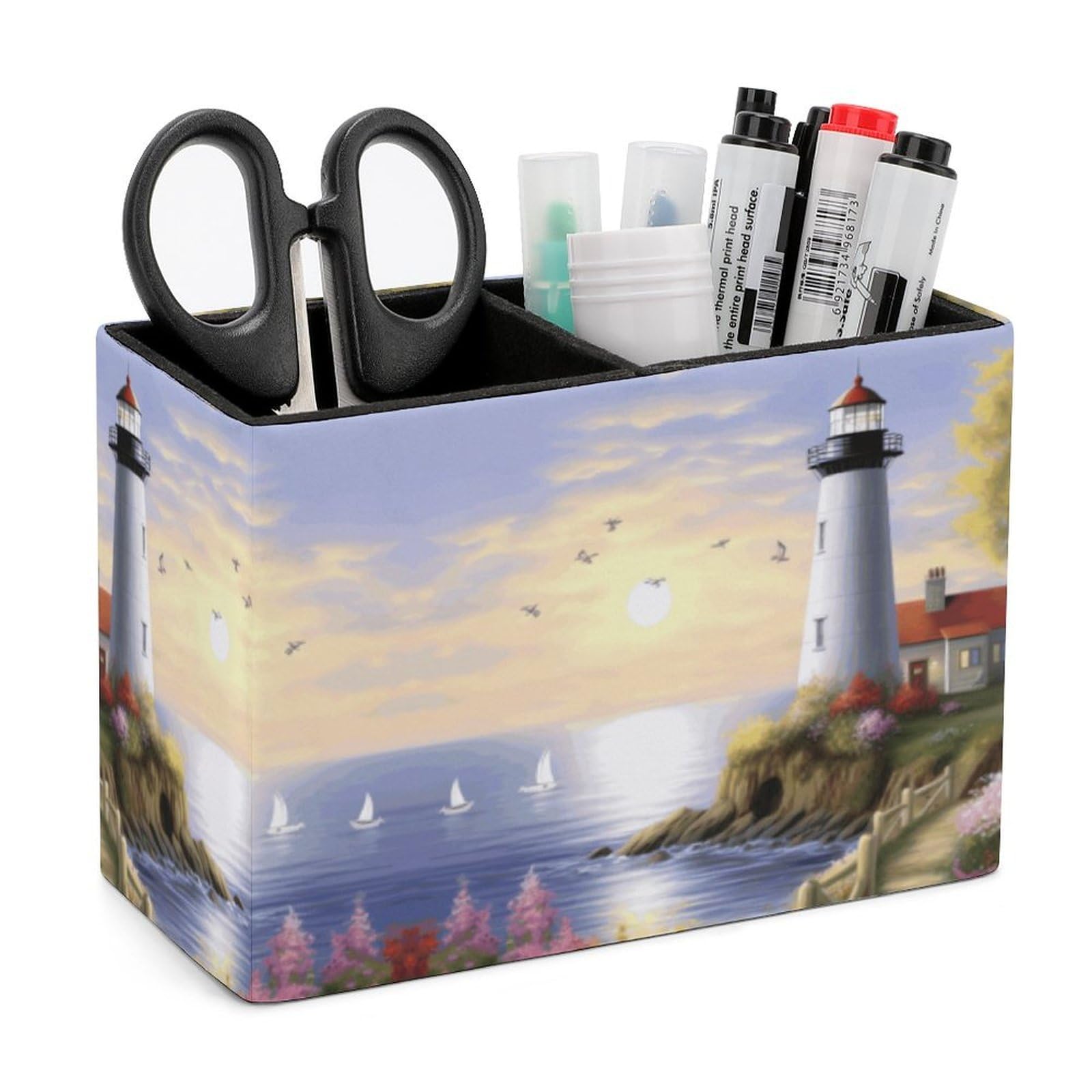 LZQPOEAS Exquisite Patterns PU Leather Pen Holder, Multifunctional Desktop Organizer Caddy with 2 Compartments, Lighthouse Diamond Painting Pencil Cup Makeup Brush Holder for Office Home
