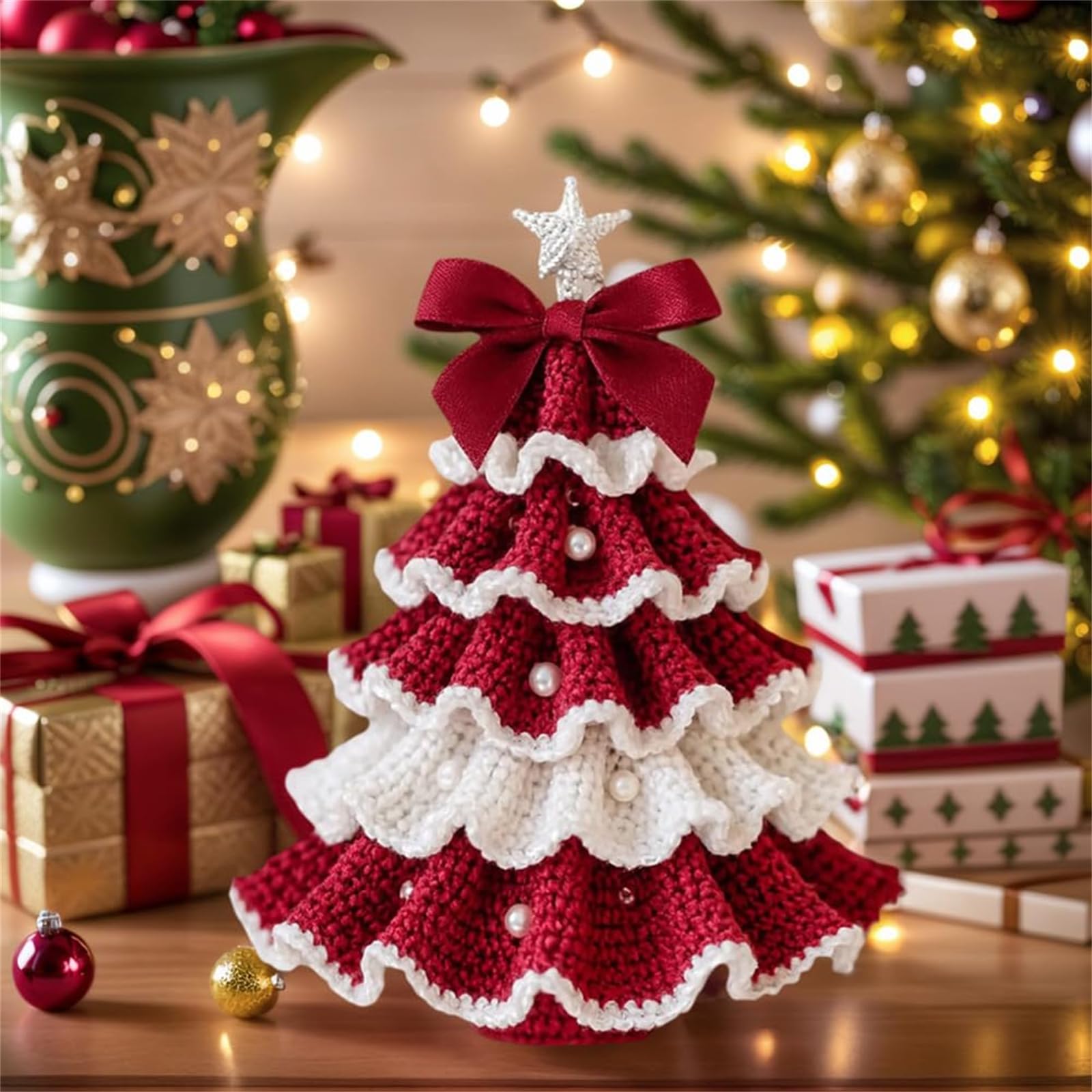 Kit de árbol de Navidad de ganchillo hecho a mano, juego de decoración navideña con lazo y adorno de perlas, perfecto para principiantes