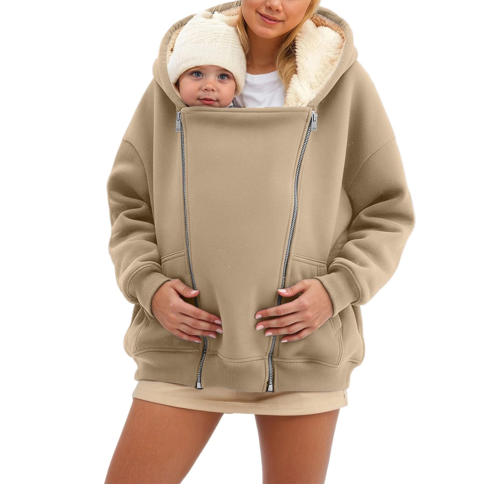 3 en 1 polar canguro Softshell maternidad desgaste chaqueta polar con capucha, chaqueta de maternidad para mujer, manga larga, suéter cálido con cremallera chaquetas de desgaste