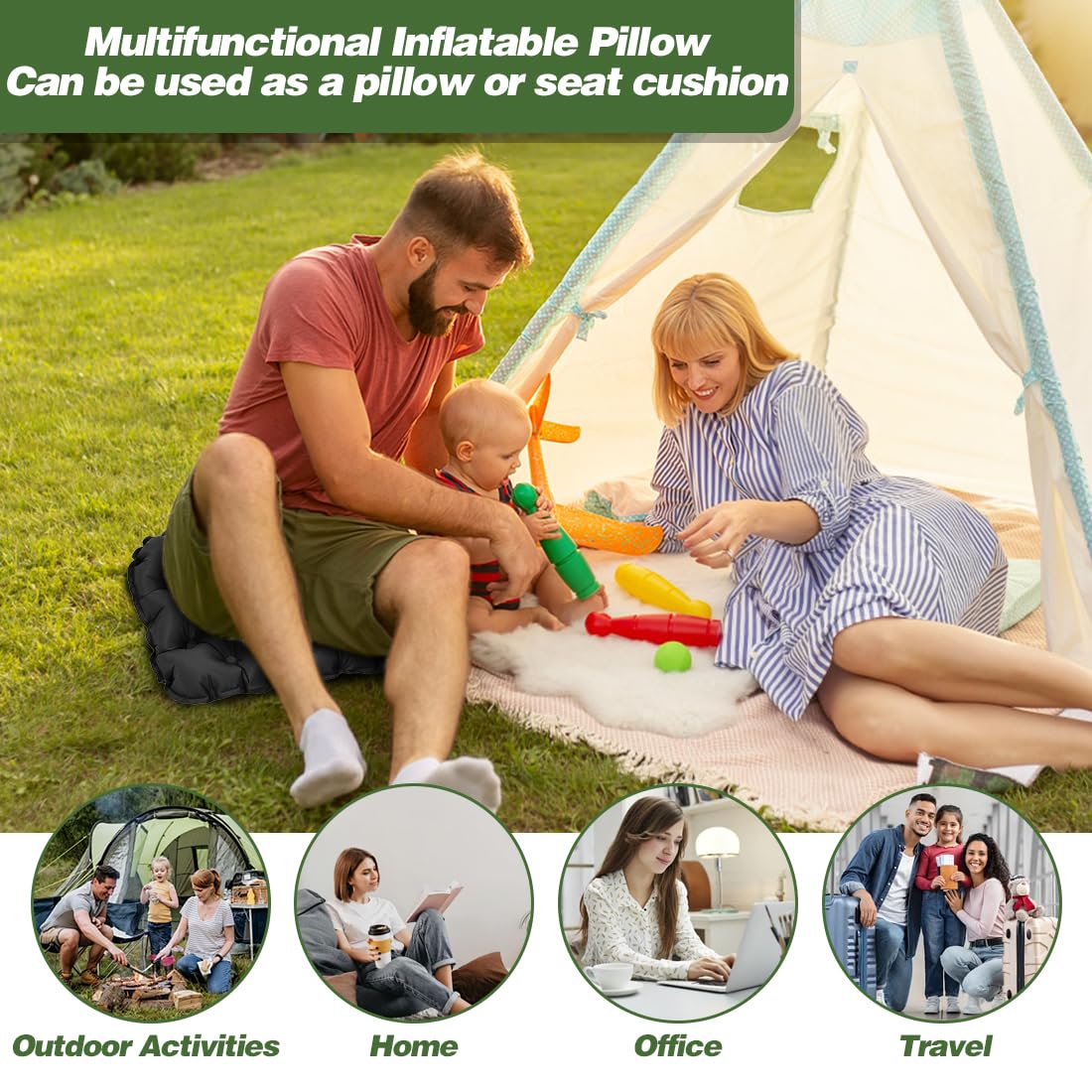 Aufblasbares Camping Sitzkissen,Wasserdicht Luftkissen, Ultraleicht Outdoor Sitzmatte Tragbares Reisekissen, Faltbar Reise Sitzkissen für Strand, Wandern, Angeln, Bootfahren, Hause und Büro (Schwarz)