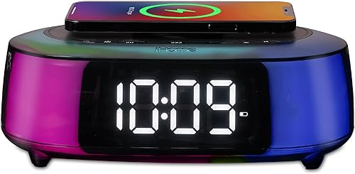 iHome Radio despertador con cargador inalámbrico magnético Qi2, altavoz Bluetooth y 2 cargadores USB (iBTW282)