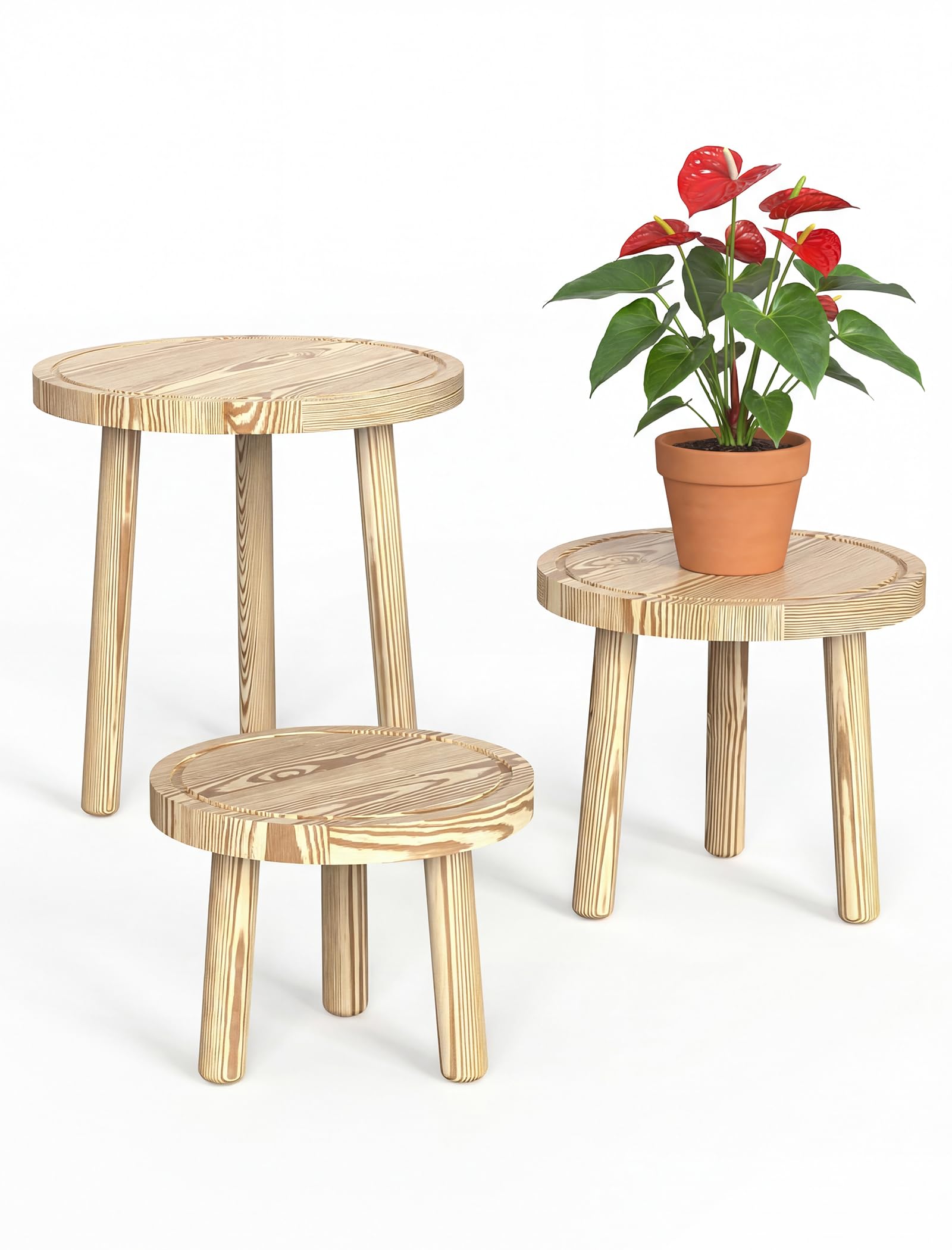 NiHome 3-Pack Wooden Plant Stands Indoor, Solid Wood Plant Pot Stand Set with 3 Heights, Round Plant Stool Display for Flower Pots, Living Room, Bedroom & Home Decor