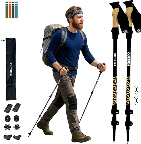 Outsura Bastones de senderismo plegables y ligeros de aluminio de grado aeronáutico con agarre de corcho y bloqueo rápido, par de 2 bastones para