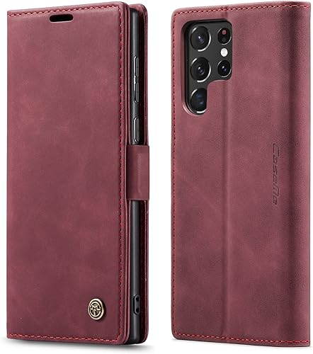 SINIANL Funda tipo cartera de piel para Galaxy S22 Ultra con soporte magnético, tarjeteros - rojo vino