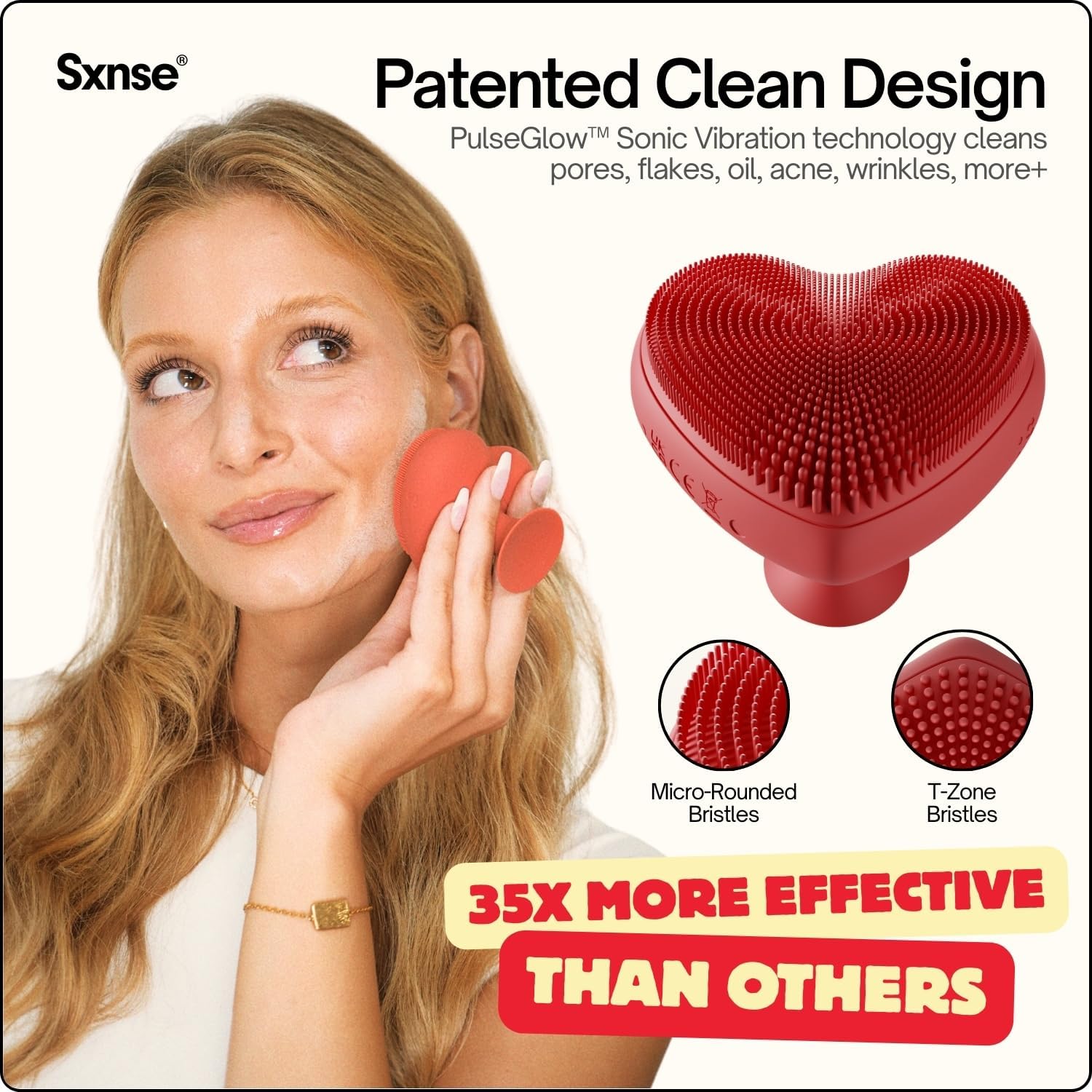 Heart Face Clean Pro⁺ - Electric Silicone Facial Scrubber for Acne with 7000+ Sonic Pulses - IPX7 Waterproof Rechargeable Exfoliator with Slip-Free Grip, 3 Speed Settings & Phthalate-Free - Cherry