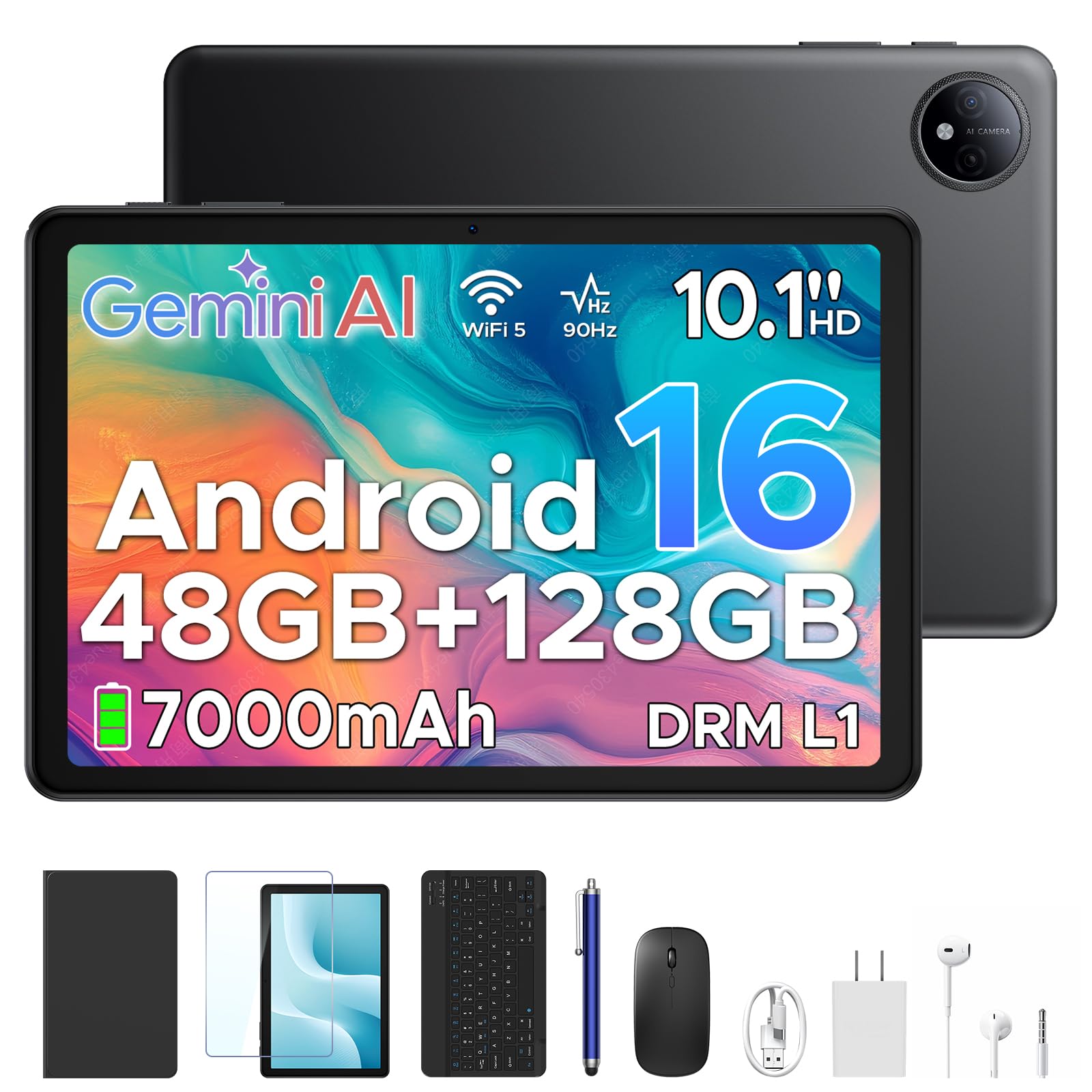 Luzglo P10 Android 16 Tablet, 10 Inch Tablet, 48GB RAM+128GB ROM/2TB TF, Gemini AI, 90Hz Display, 7000mAh, OTG, 5G WiFi, Face ID, OTG, GPS, 3.5mm Jack, Widevine L1, Tablets with Keyboard