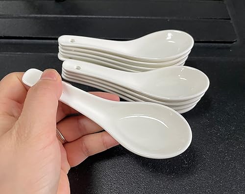 Paquete de 10 cucharas de sopa de cerámica blanca, cucharas de sopa Wonton, juego de cucharas de sopa asiáticas, cucharas para niños de 5 pulgadas,