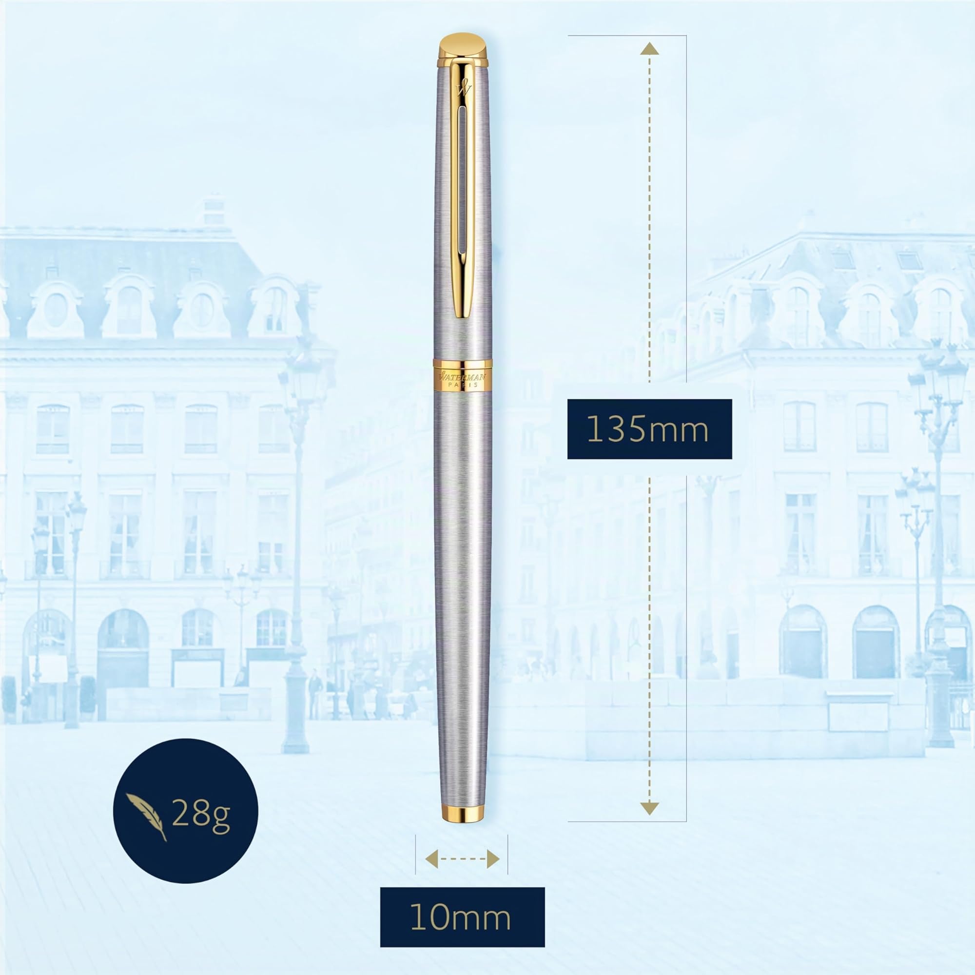 Waterman Hémisphère stylo roller | acier inoxydable avec attributs or fin 23K | pointe fine | encre noir | coffret cadeau
