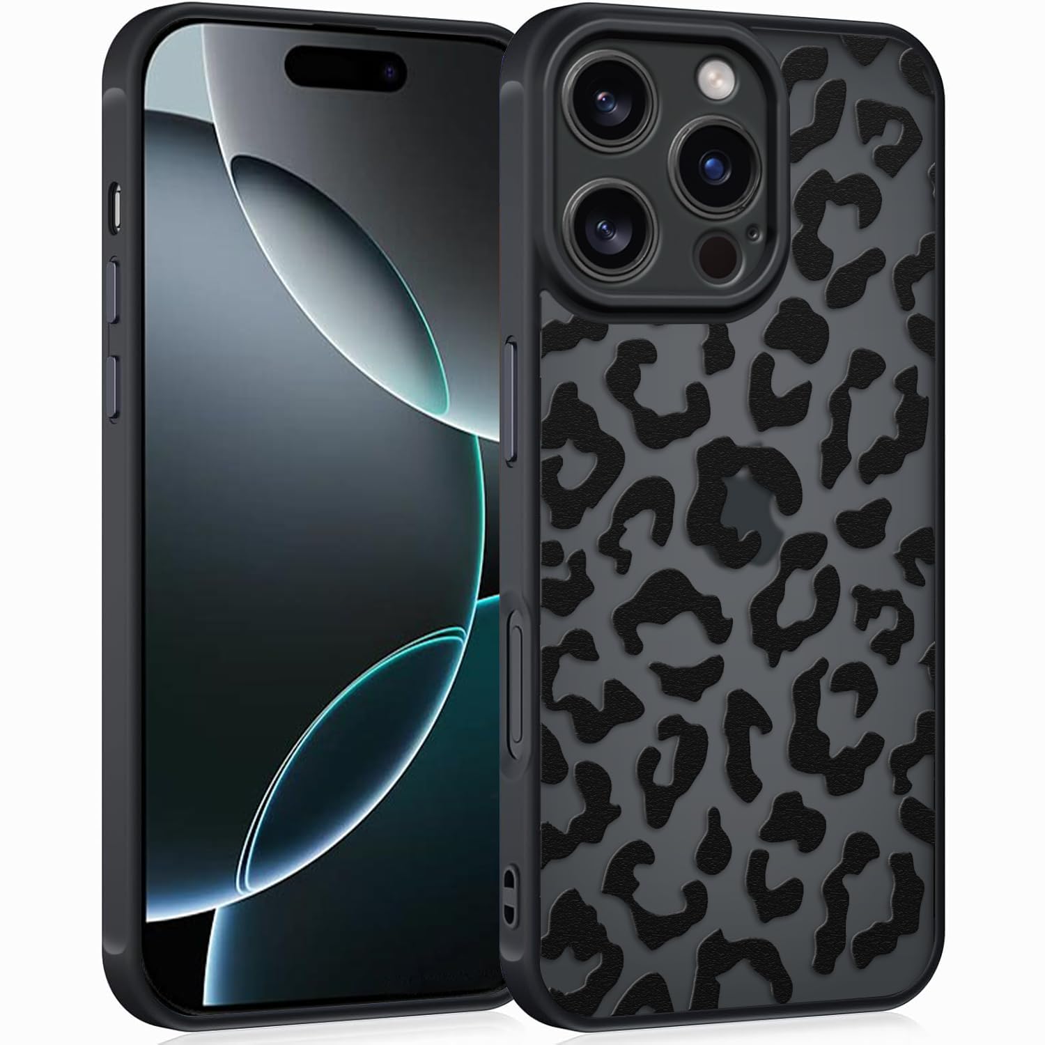 Coqinen Handyhülle für iPhone 15 Pro Hülle, Matt Transluzente Case mit Stilvolle Leopard Muster, Silikon Aesthetic Schutzhülle mit Kratzfeste PC Rückseite + Stoßfest TPU Bumper - Schwarz