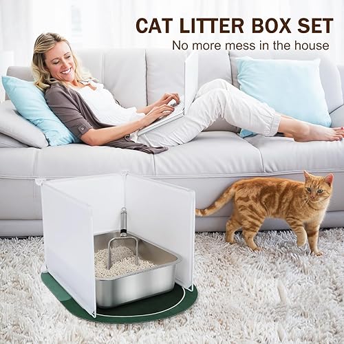 Miniatura 2 de KesaPlan Caja de arena de acero inoxidable para gatos (15.5 x 11.6 x 4.1 pulgadas), juego de caja de arena de metal para gatos, 1 cuchara de arena