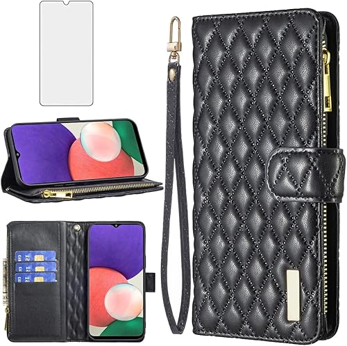 Asuwish Funda de teléfono para Samsung Galaxy A22 5G/Boost Mobile Celero 5G Funda tipo cartera con protector de pantalla de vidrio templado y