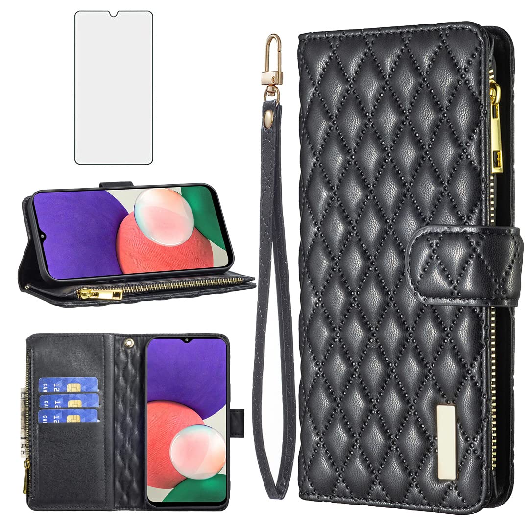 Asuwish Phone Case for Samsung Galaxy A22 5G/Boost Mobile Celero 5G Wallet Cover with Tempered Glass Screen Protector and ...
