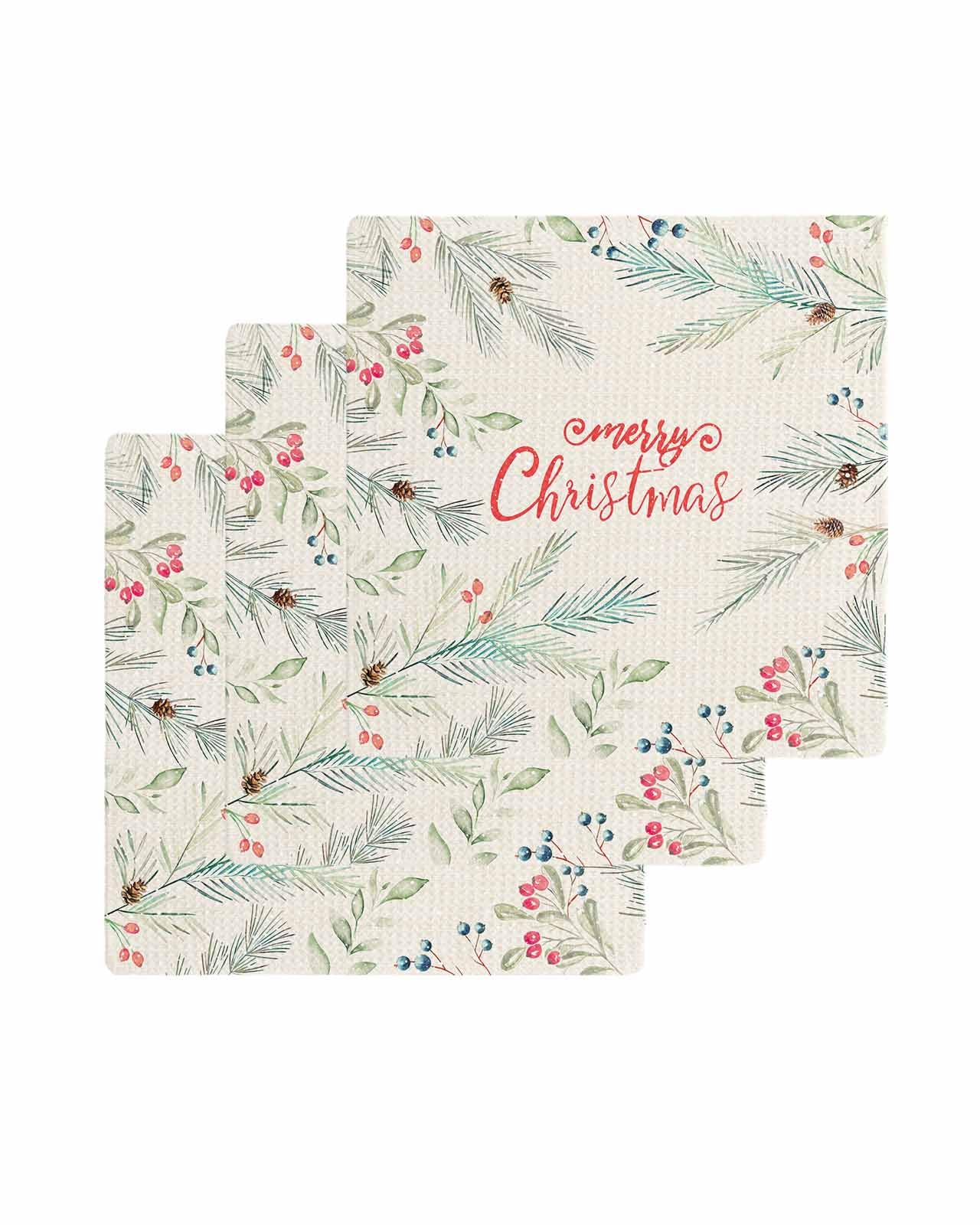 Hokiten Christmas Waffle Kitchen Towels Dishcloths, Xmas Botanical Snowflake Pine Cones Rustic Absorbent Dish Towels | Hand Towels for Bathroom/Bar, 12 x 12 Inch, 3 Pcs