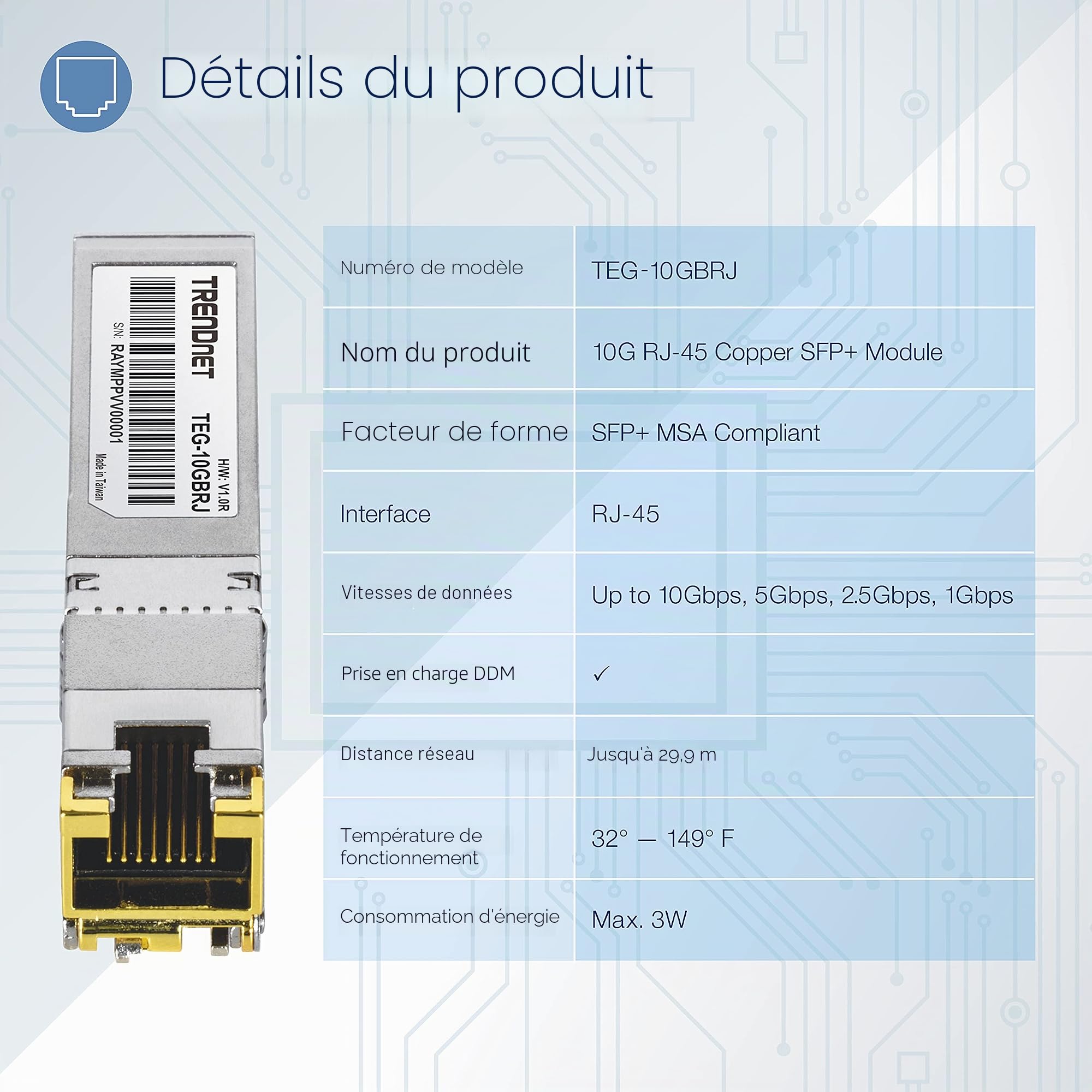 TRENDnet Module SFP+ en cuivre RJ-45 10 G, convertit Un Emplacement SFP+ Standard en Un Port RJ-45 Multi-Gigabit, connecte des appareils jusqu'à 30 m, branchable à Chaud, argenté, TEG-10GBRJ