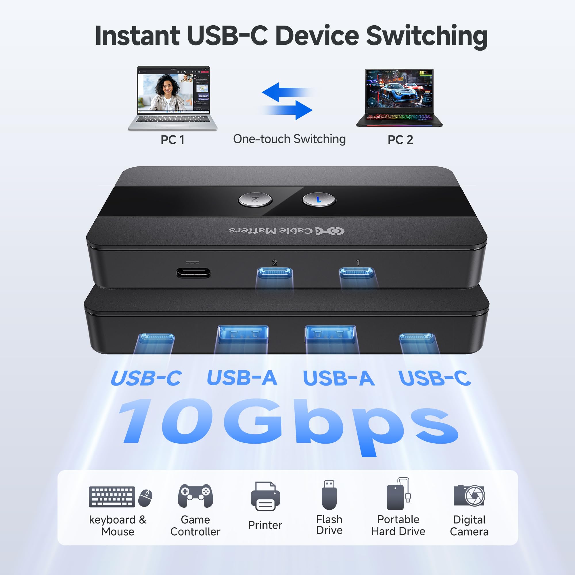 Cable Matters Conmutador USB de 4 Puertos y USB C de 10 Gbps para 2 Ordenadores con Mando a Distancia KVM Switch/conmutador USB C comparte 2 periféricos USB-A y 2 USB-C Entre 2 Hosts