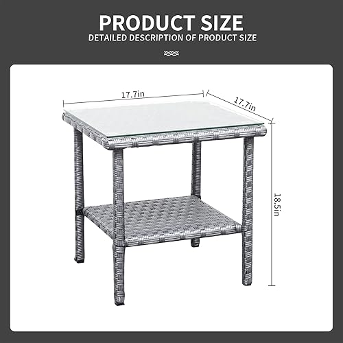 Miniatura 8 de Mesa auxiliar de mimbre de PE para exteriores, mesa cuadrada para patio, jardín de ratán, mesa cuadrada con muebles superiores de vidrio, color negro