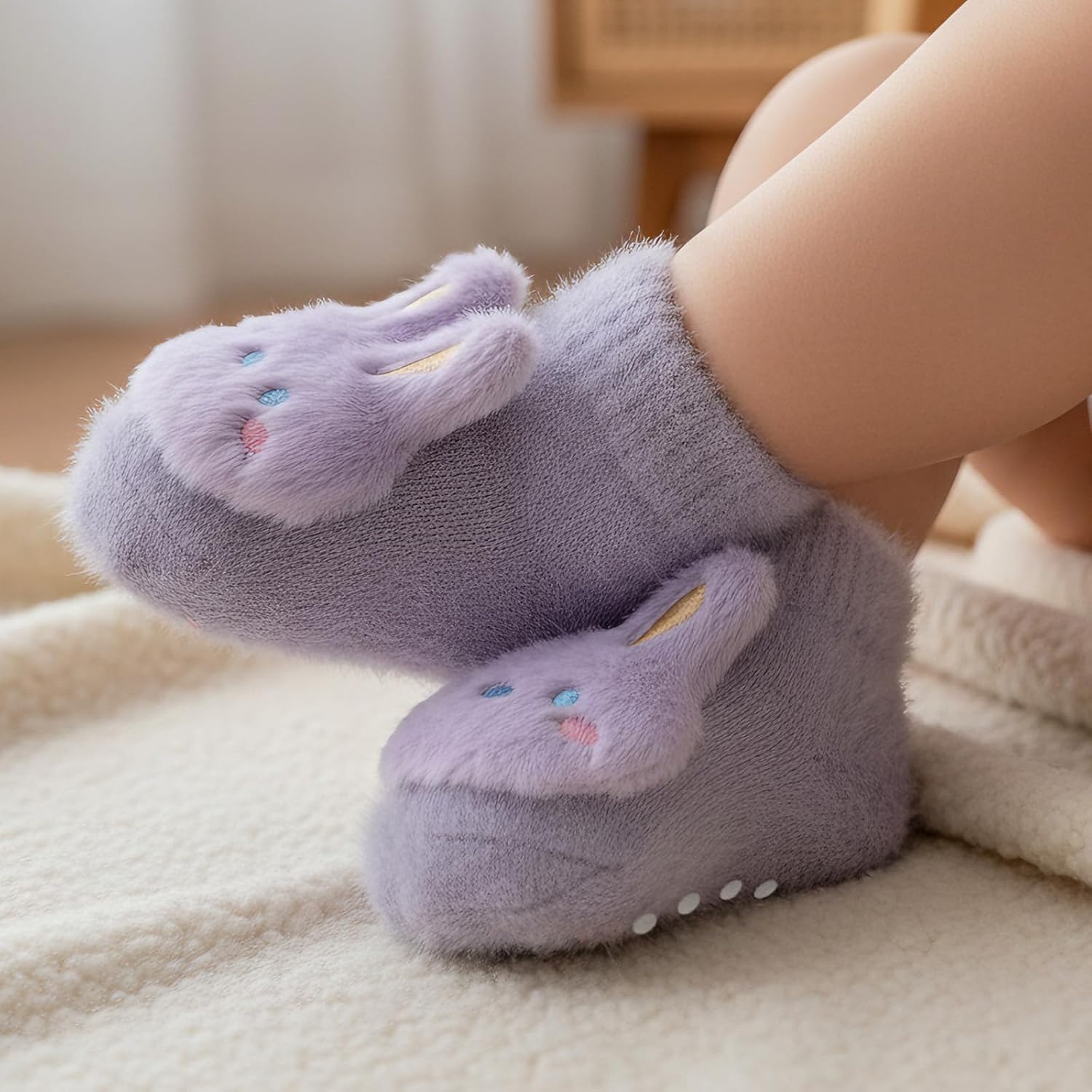 4/6 Pairs Baby Fuzzy Socks Cute Rabbit Dinosaur Baby Girl Socks Non Slip Grip Winter Warm Sock Newborn Infant Toddler