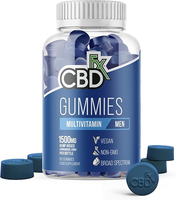 CBDfx 1500mg CBD High Strength Men's Multivitamin Gummies Vitamin A, C, D3, E, B6, B12, Zinc, Biotin, Iodine, Selenium, Folic Acid, Pantothenic Acid 60x Bottle (30 Days)