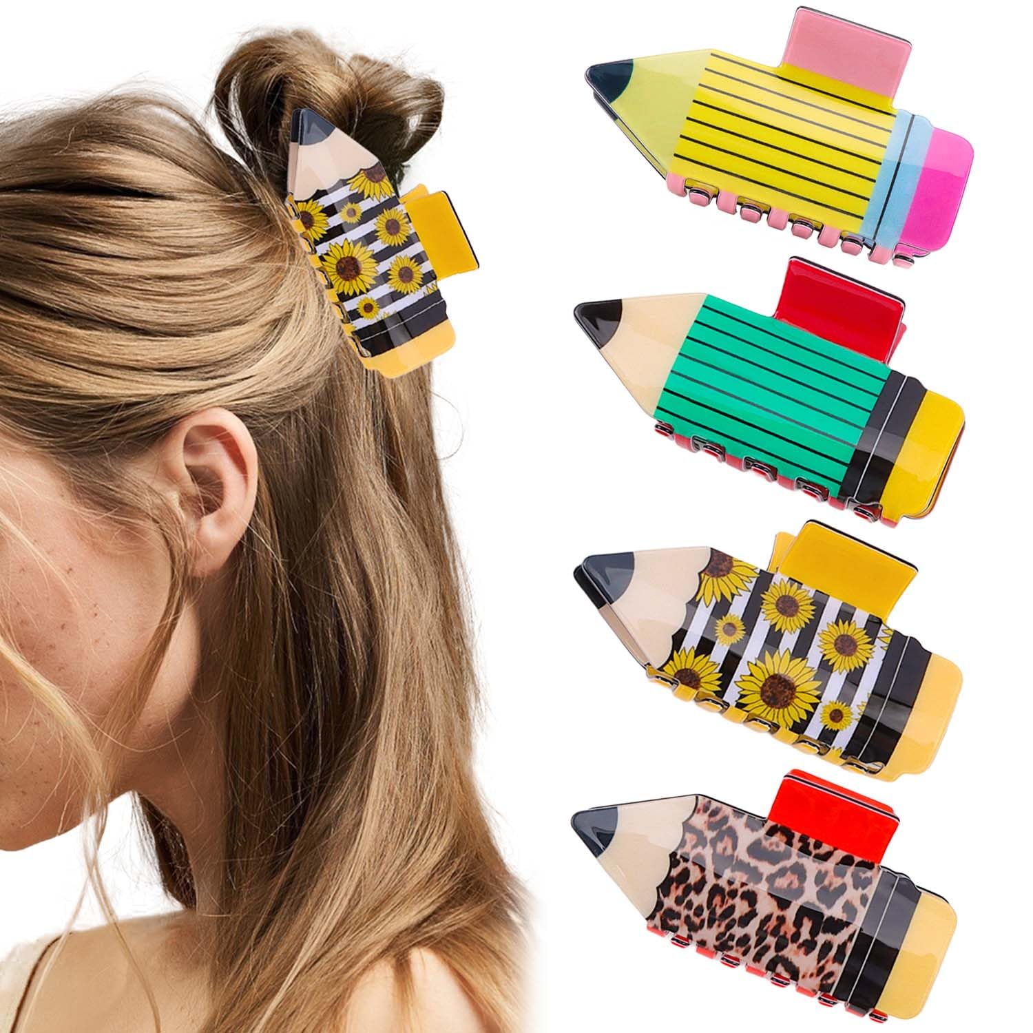 Tihebax Pencil Hair Clips 4Pcs Teacher Hair Claw Clips for Women Funny Cute Teacher Hair Accessories for Women & Students Back to Schoo(Yellow, Green,