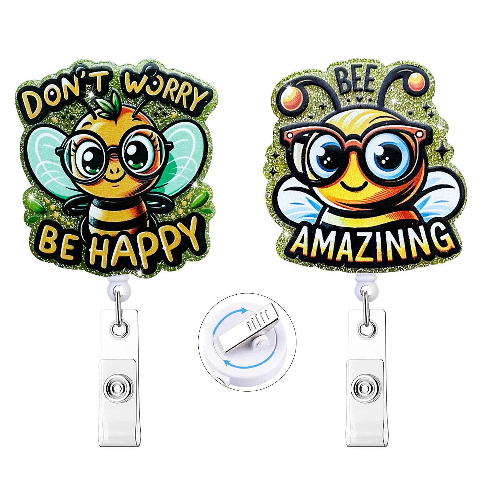 2 Pack Cute Inspirational Badge Reel Retractable ID Badge Holder,Glittery Bee Nursing Badge Buddy,Funny Badge Reel with Alligator Clip for RN LPN CNA