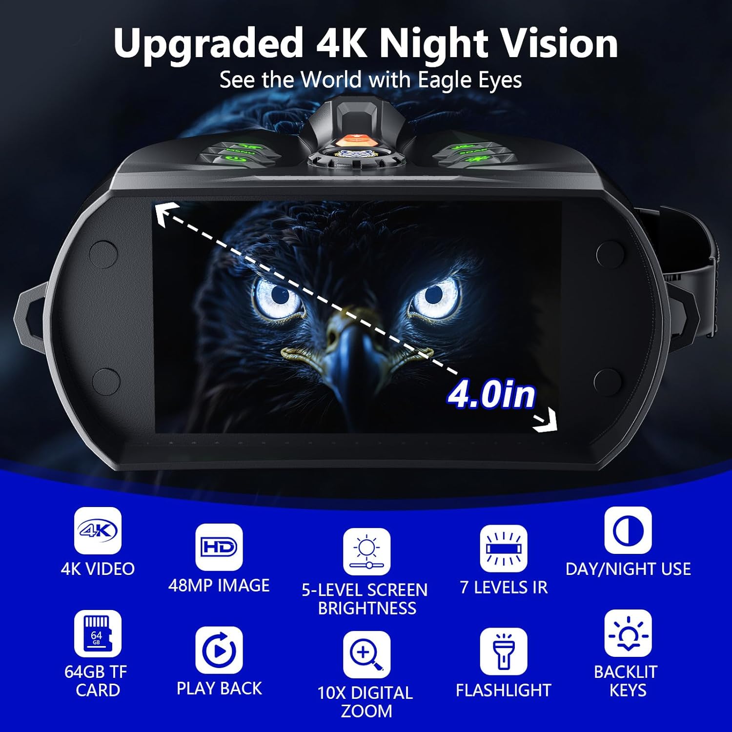 4K Night Vision Goggles, 4.0" HD Screen Night Vision Binoculars with 5000mAh Rechargeable Battery, 64GB TF Card for Photo & Video, Infrared Binocular for Adults, Camping, Wildlife Observation
