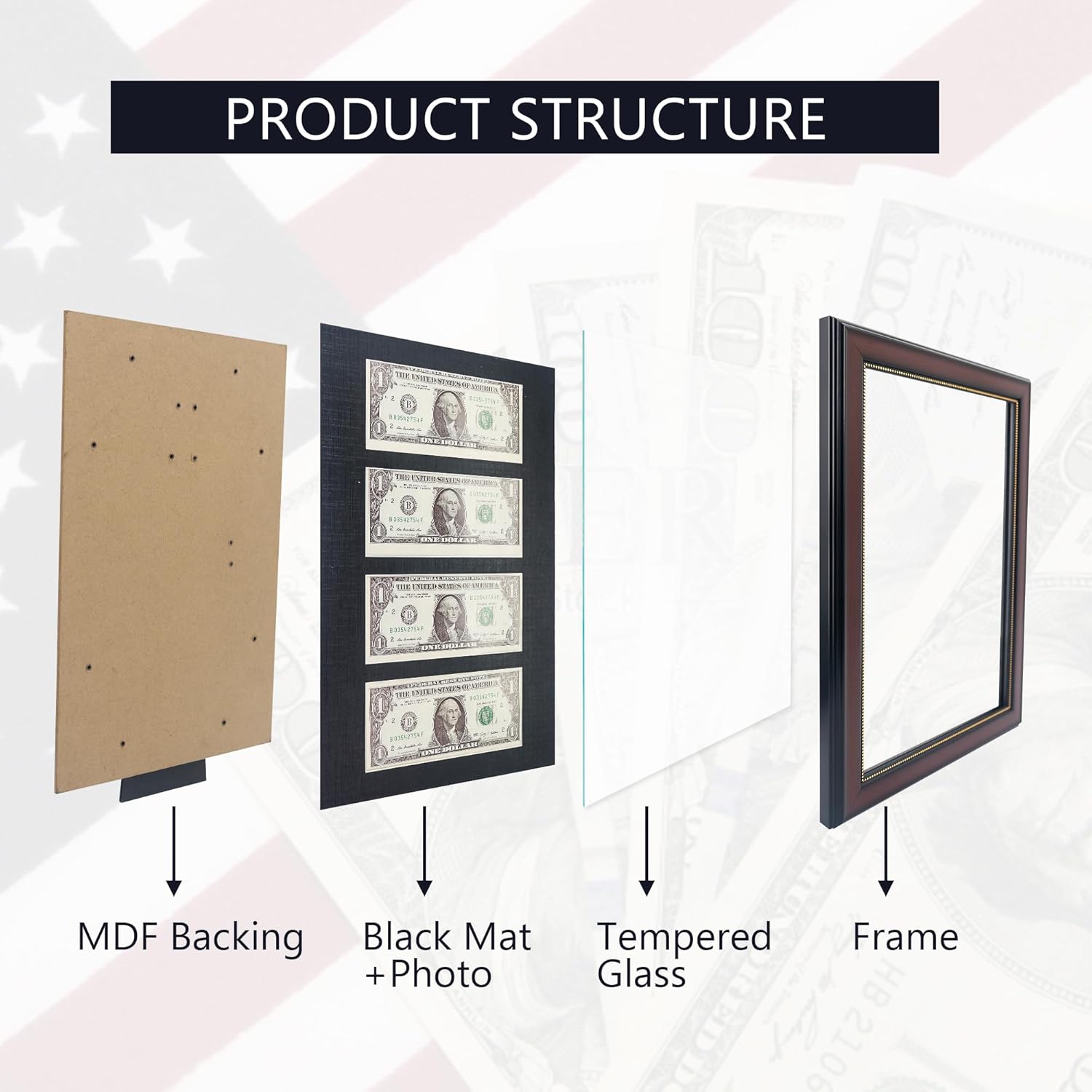 GMFrames Mahogany Dollar Bill Frame with Black Mat Real Glass