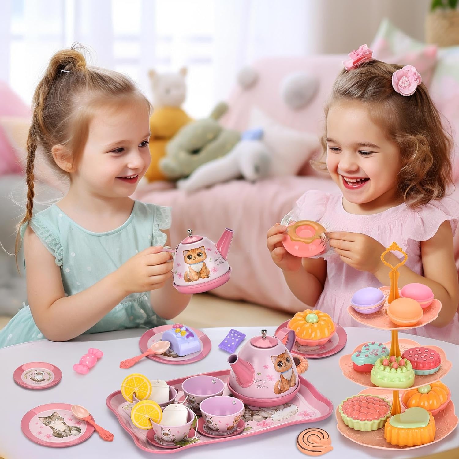 Lajeje Cat Tea Party Set for Toddlers & Little Girls Ages 3-6 – Pretend Play Toy & Birthday Gift, Includes Kitten Tin Tea Set, Desserts & Carrying Case