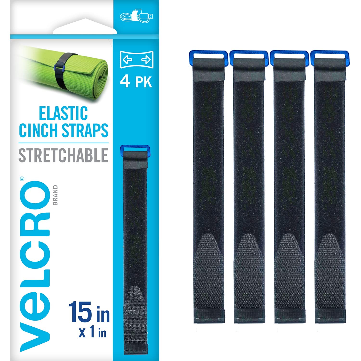 VELCRO Brand VEL-30792-AMS 15 Inch Elastic Straps 4 Pack Stretchable and Adjustable for Snug Fit Fasten Lumber Yoga