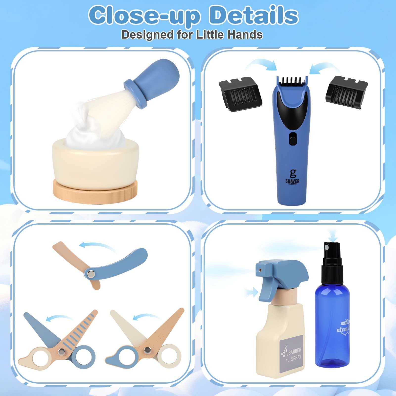 Dreamon Set de Peluquería Infantil de Madera, con Secador de Pelo Maquinilla de Afeitar Barba Postiza Delantal y Bolsa de Almacenamiento Regalo para Niños de 3 4 5 6 Años