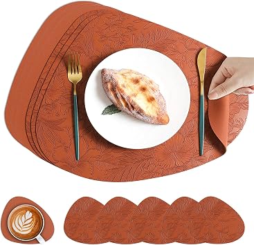 Leather Placemats and Coasters Set of 6, Embossed Floral Faux Leather Placemats, 100% Waterproof & Oil-Resistant Wipeable PU Table Mats for Kitchen and DiningBrown