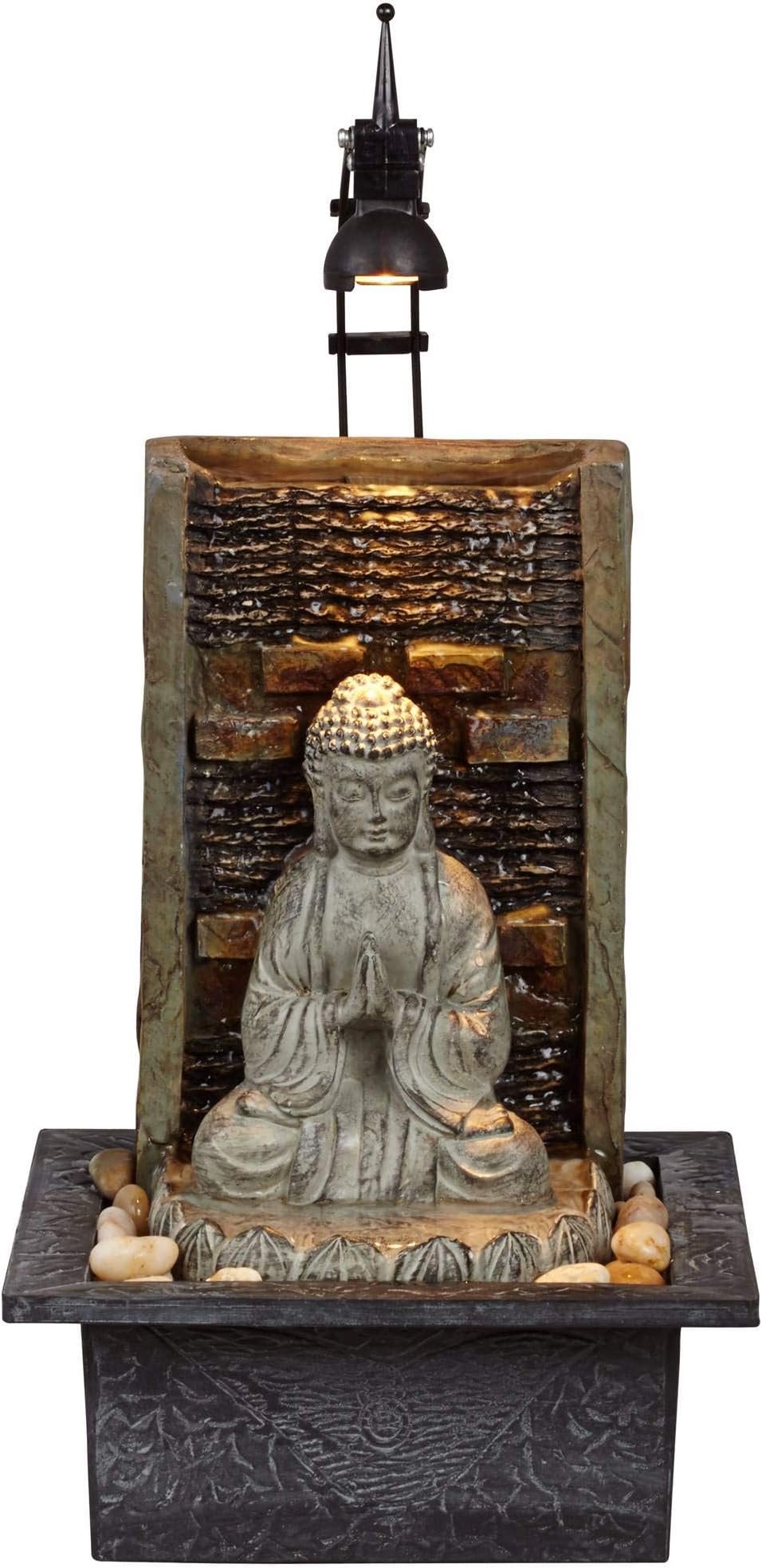 Namaste Buddha 11 1/2" High Small Zen Asian Indoor Decor Faux Stone Tabletop Fountain with Light LED Waterfall Water Feature for Desk Relaxation Bedroom Living Room Countertop Inside - John Timberland