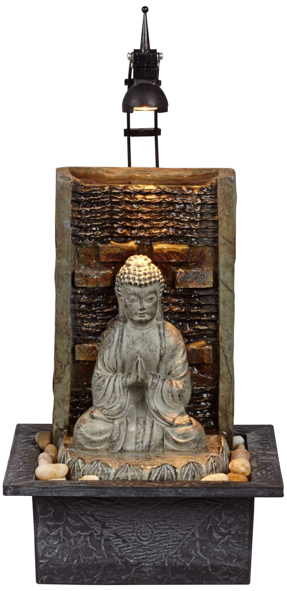 Namaste Buddha 11 1/2" High Small Zen Asian Indoor Decor Faux Stone Tabletop Fountain with Light LED Waterfall Water Feature for Desk Relaxation Bedroom Living Room Countertop Inside - John Timberland