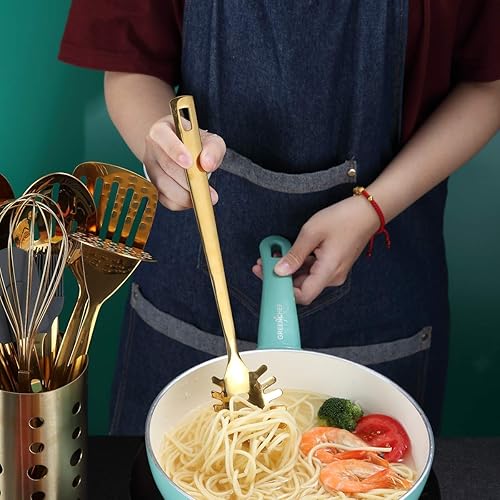 Miniatura 8 de Berglander - Cuchara de espagueti dorada, servidor de pasta con chapado en oro de titanio, servidor de espagueti de acero inoxidable para cocinar,