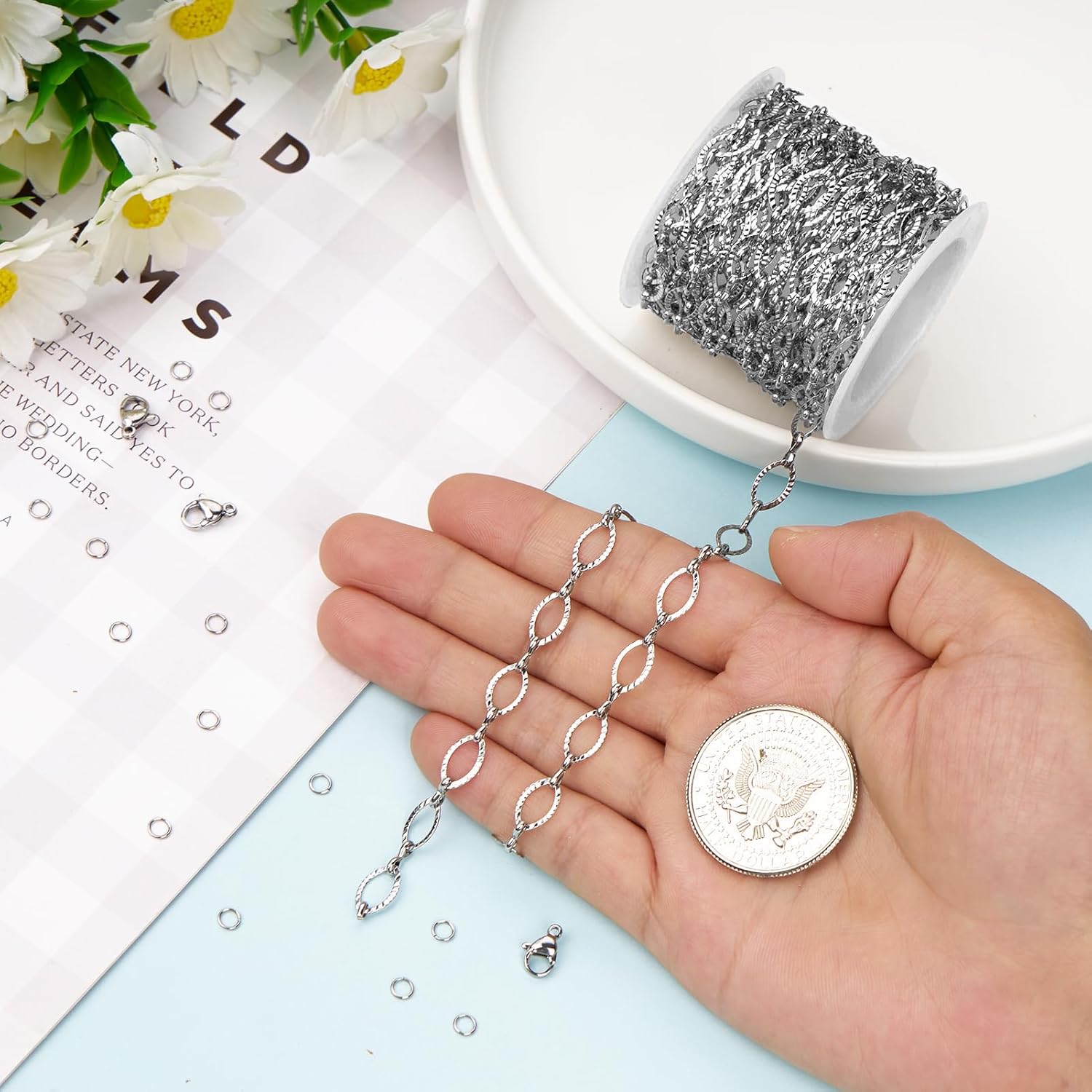 Kyutong Texture Oval Circle Chains for Jewelry Making 16.4 Feet Stainless Steel Silver Chain with Jewelry Supplies for Men Women DIY Necklace Crafts - Image 5