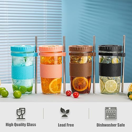 Miniatura 6 de Paquete de 2 tazas de té de burbujas, tazas de café helado de 24 onzas, tarro Mason con pajitas y 2 tapas herméticas, taza reutilizable de boca