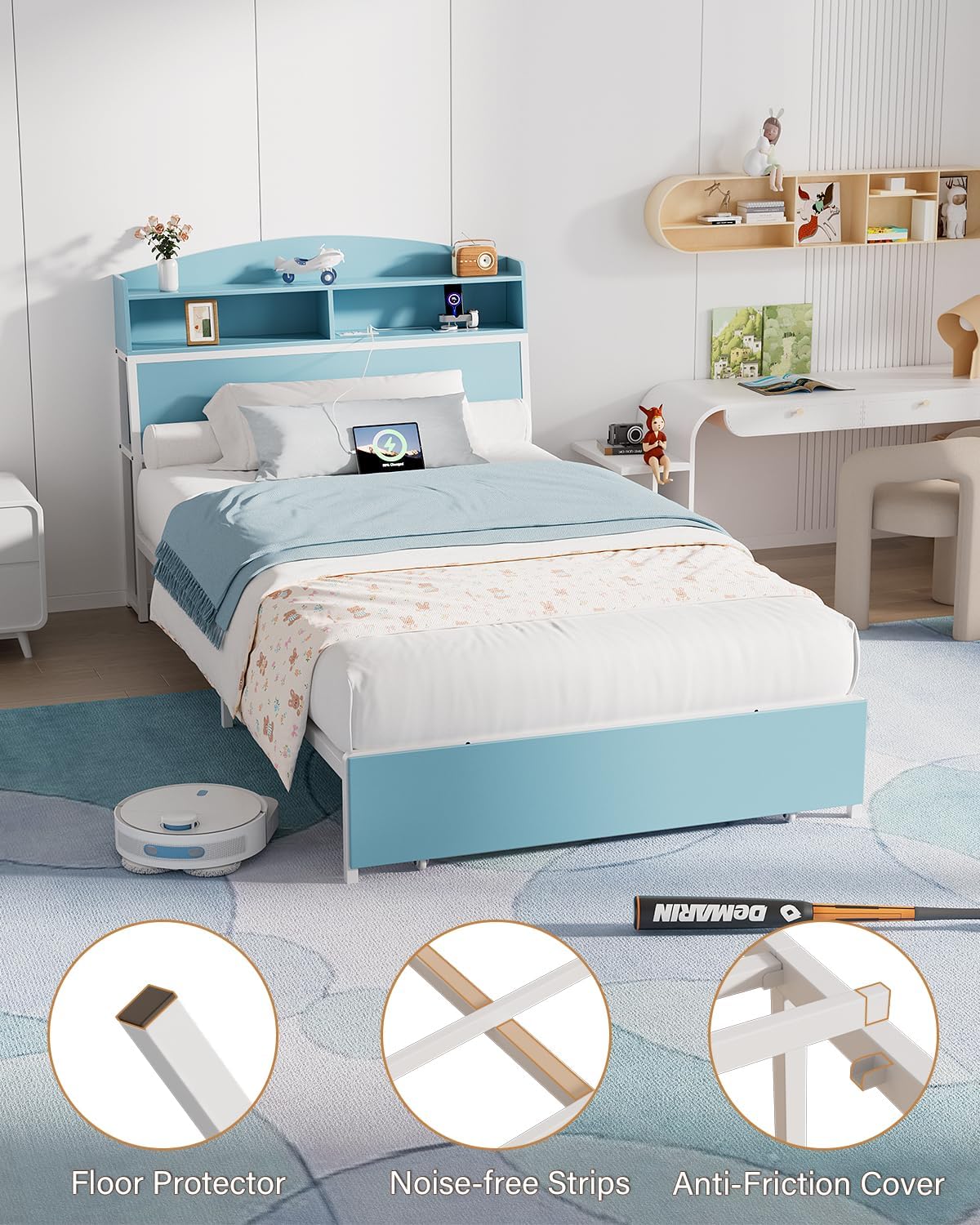 Wooden Twin Bed Frame with Smart Storage Headboard & Drawer, 3-in-1 USB Charging Station, No Box Spring Required, Non-Slip Design, Perfect for Kids, Teens, or Guest Room (No Door White Blue, Twin)
