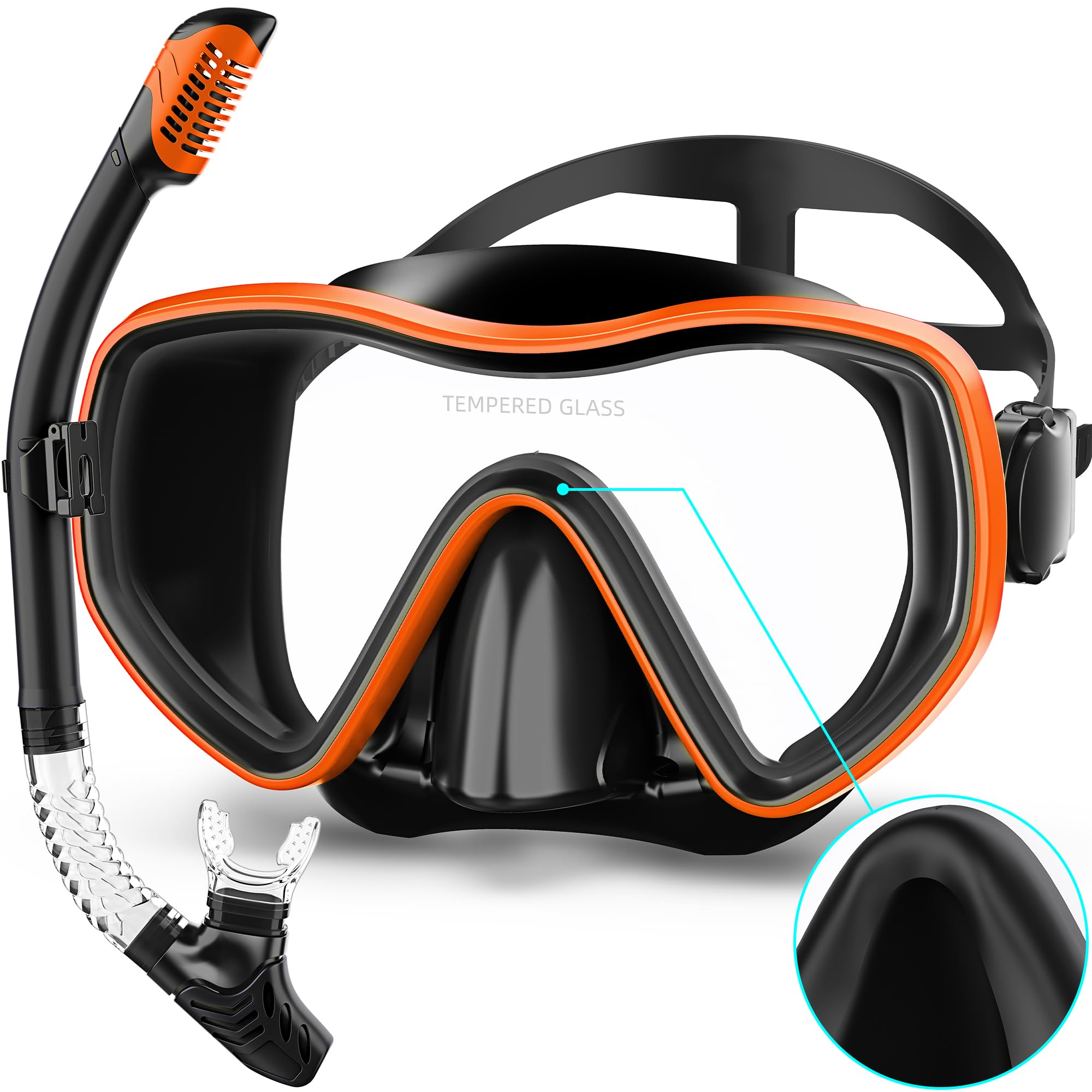 MELUMILU Snorkeling Gear for Adults, Dry Snorkel Set 180° Panoramic Wide View Anti-Fog Scuba Diving Mask, Professional Snorkel Gear for Free Breathing, Swimming, Diving, Nose Upgrade 2.0?Black Orange?