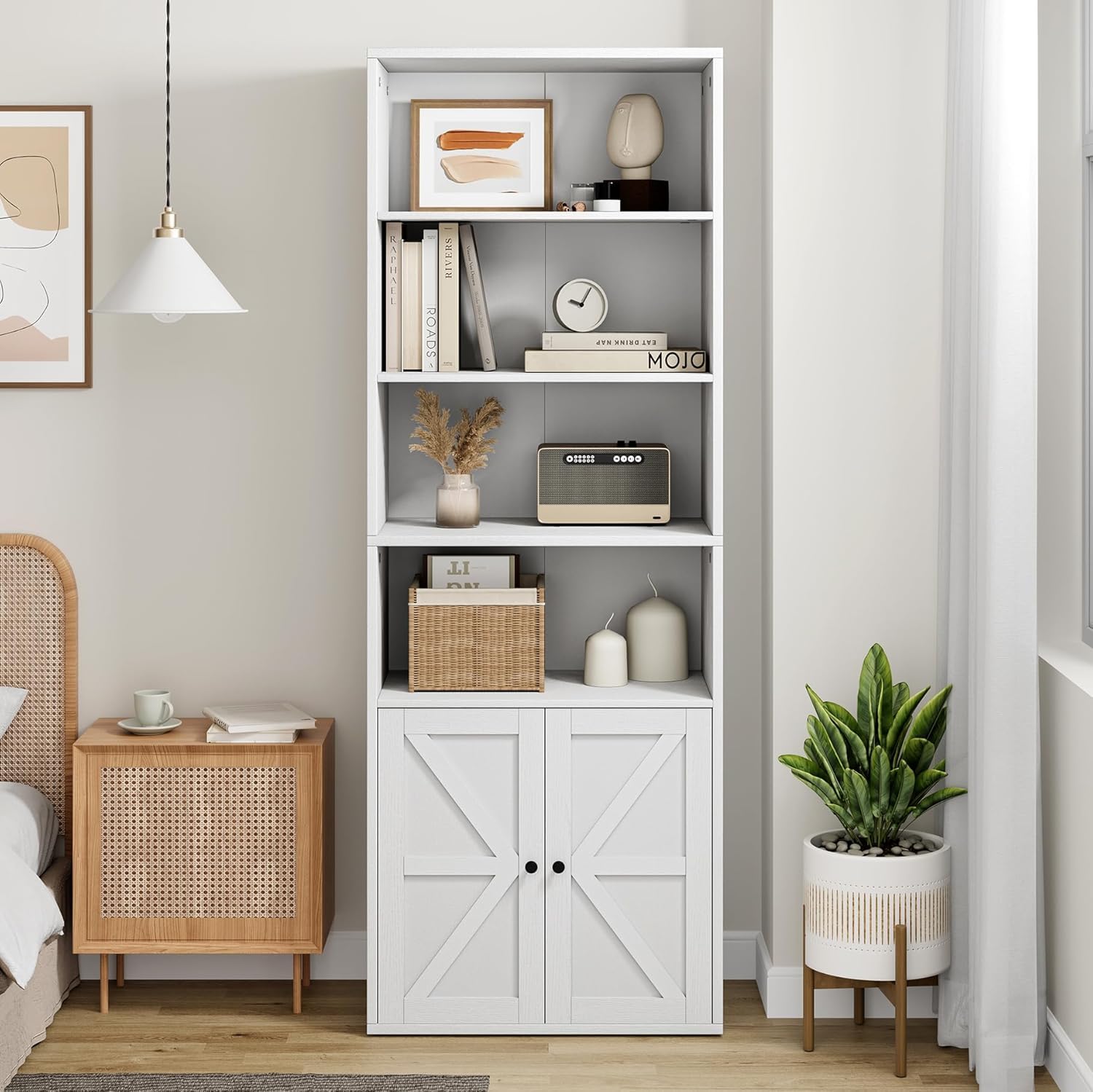Librería blanca de 6 niveles, estantería con puertas, 30 cm de profundidad, abierta, con kit de protección antivuelco, para dormitorio, salón, oficina, 60 x 30 x 181 cm