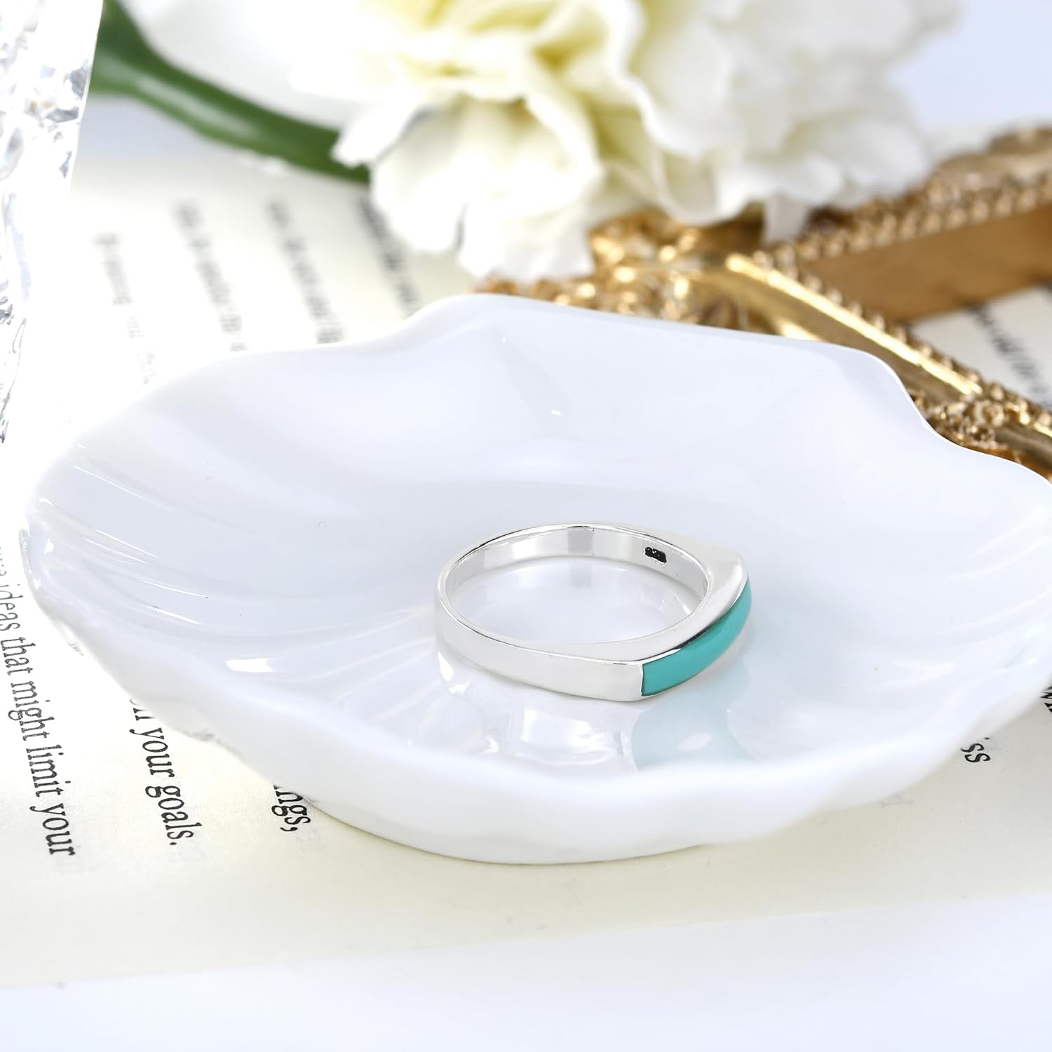 AeraVida Rectangular Bar Green Simulated Turquoise Stone Inlay .925 Sterling Silver Ring | Classic Wedding Rings For Women | Casual Comfort Fit Silver Rings for Women - Image 3