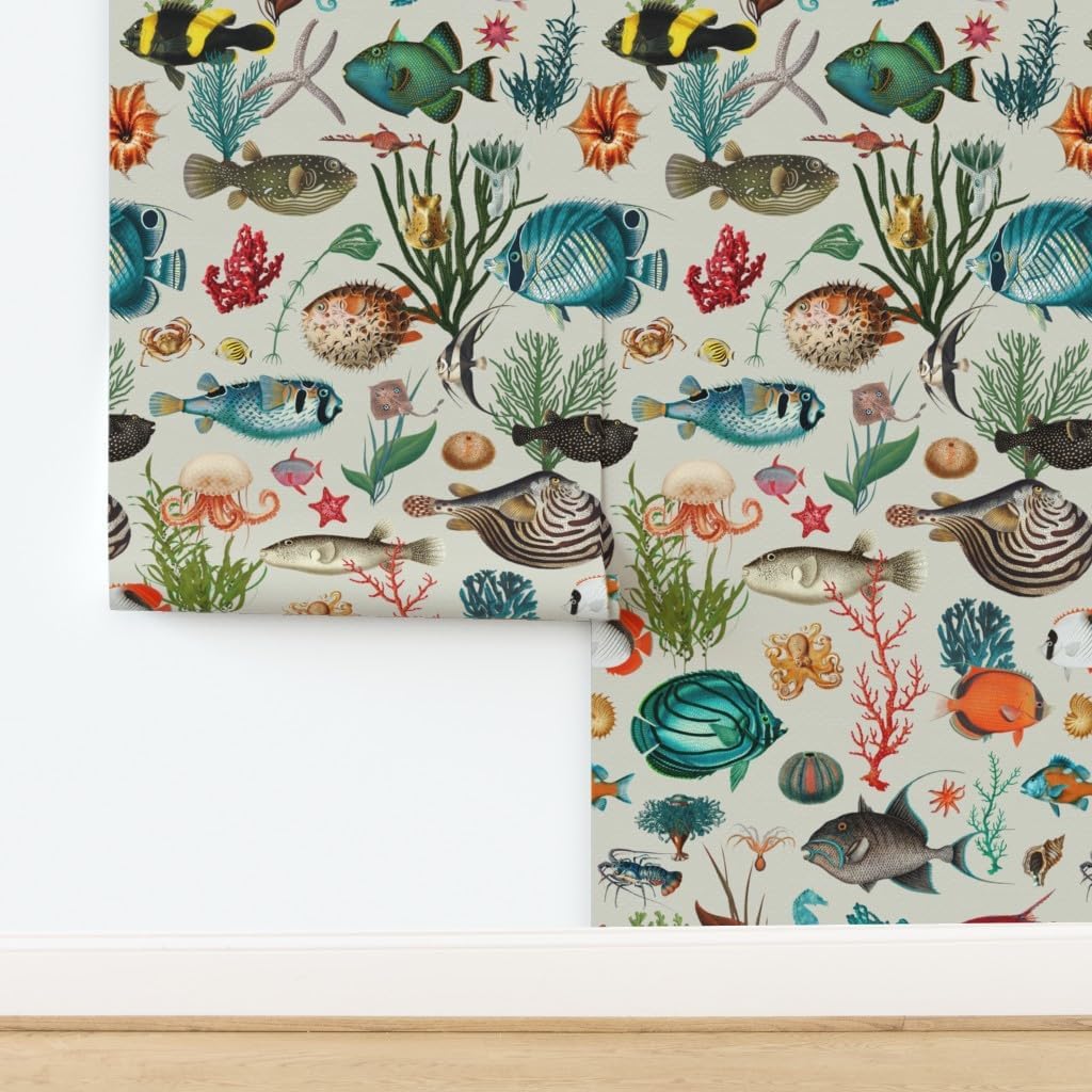 Peel & Stick Wallpaper Swatch - Beige Ocean Sea Creatures Fish Tropical Underwater Coral Custom Removable Wallpaper by Spoonflower
