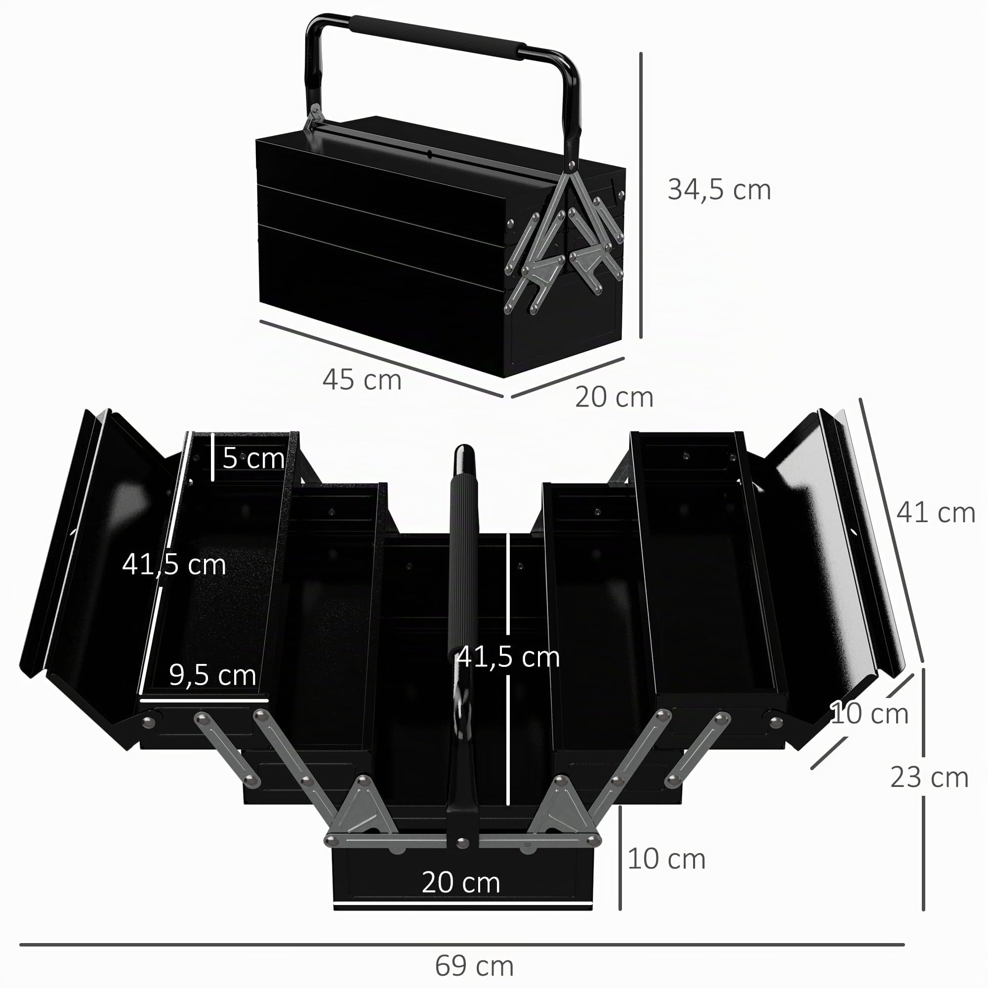 DURHAND Boite à Outils Métallique 3 Niveaux 5 Plateaux Rétractables Noir