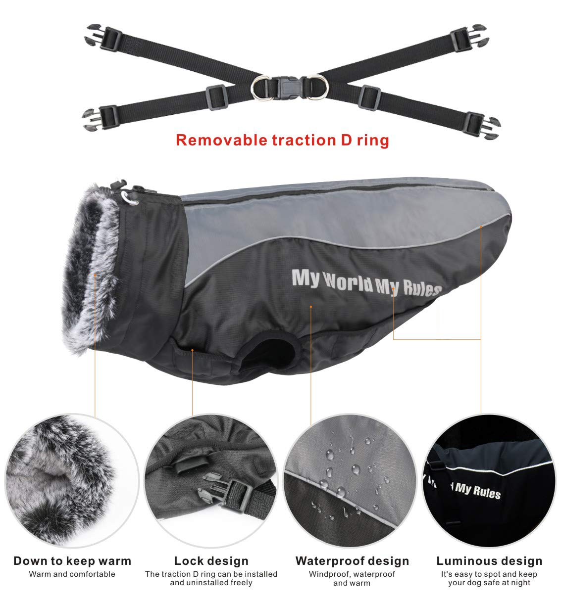 Idepet Abrigo para Perros Chaqueta cálida, Traje de Nieve Reflectante para Mascotas Deportes al Aire Libre Ropa Impermeable para Perros Chaleco para Perros Mediano Grande con Orificio para el arnés