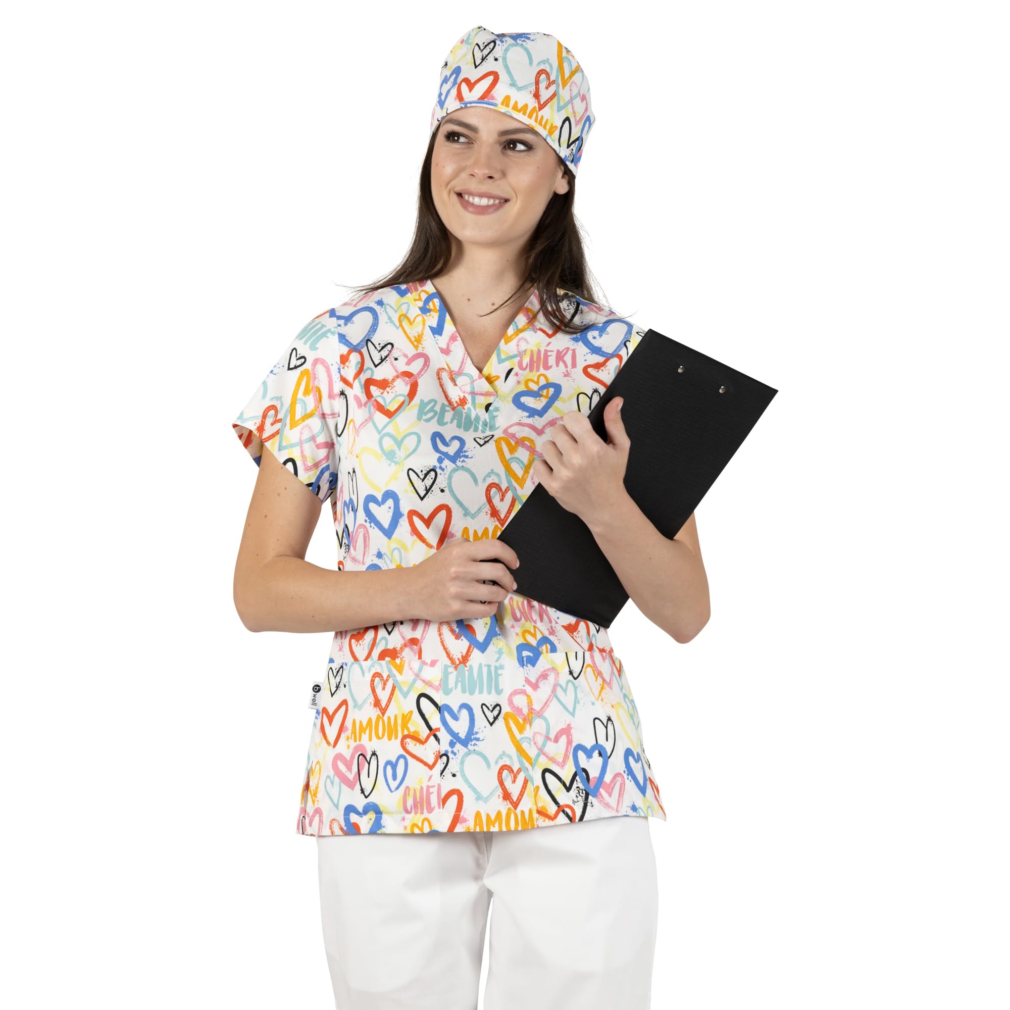 B-well Bambina Casacas Sanitarias Mujer Manga Corta Cuello V para Enfermeras, Dentistas, Médicos, Estudiantes y Veterinarios