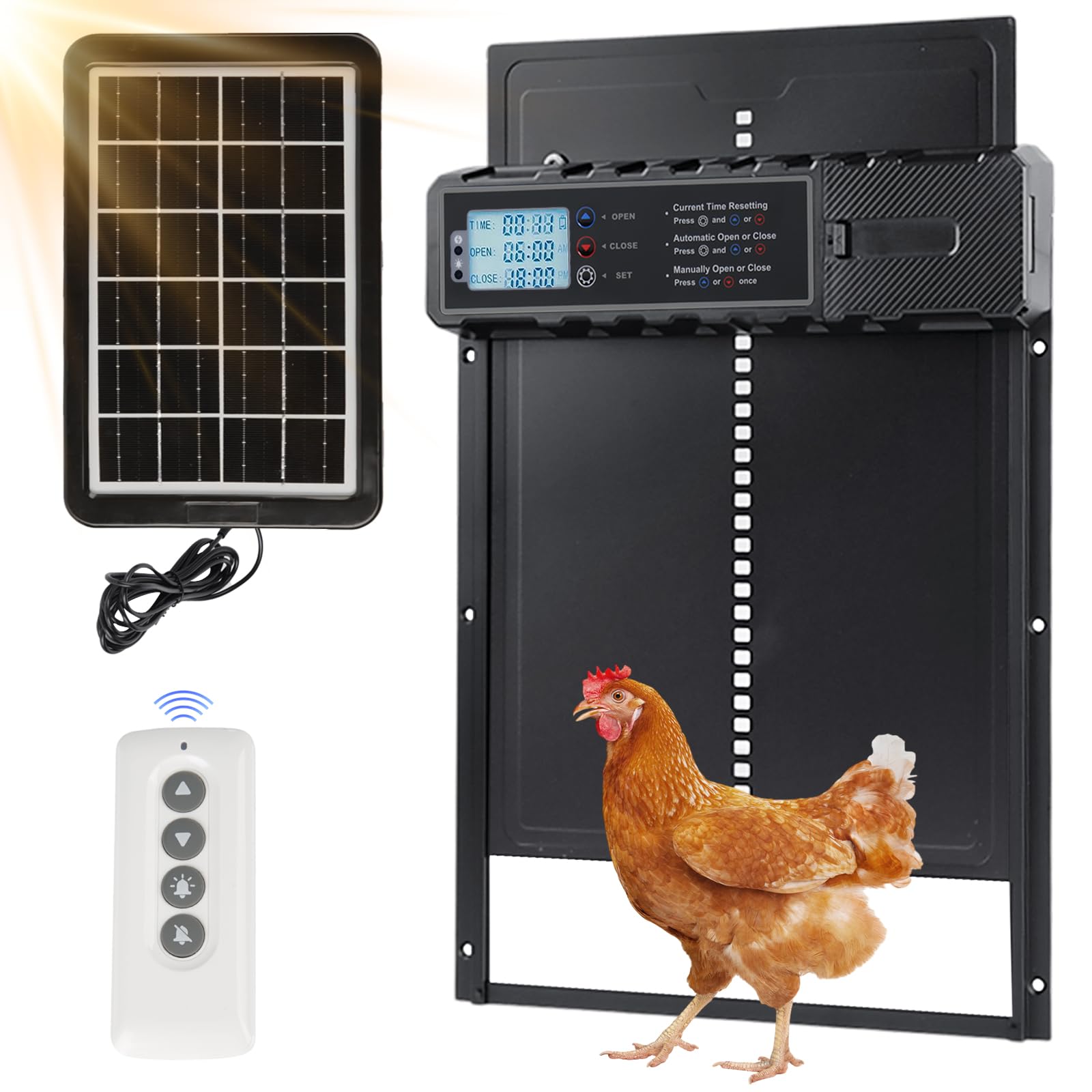 Grande porte automatique avec écran LCD, porte pour animaux de compagnie avec capteur solaire, porte automatique pour poulailler avec plusieurs modes de contrôle