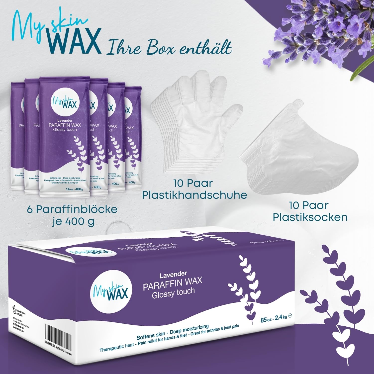 Paraffinwachs Maxi Pack, 6 Blöcke à 400 g (2,4 kg), Lavendelduft, feuchtigkeitsspendend & leicht ölig, ideal für Paraffinbad Hände & Füße, Arthritis Linderung, Pediküre (Lavendel)