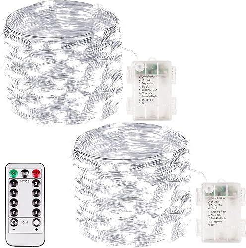 Vista 35 de Paquete de 4 100 luces LED que funcionan con pilas, con control remoto, luces parpadeantes impermeables de 33 pies con temporizador y 8 modos
