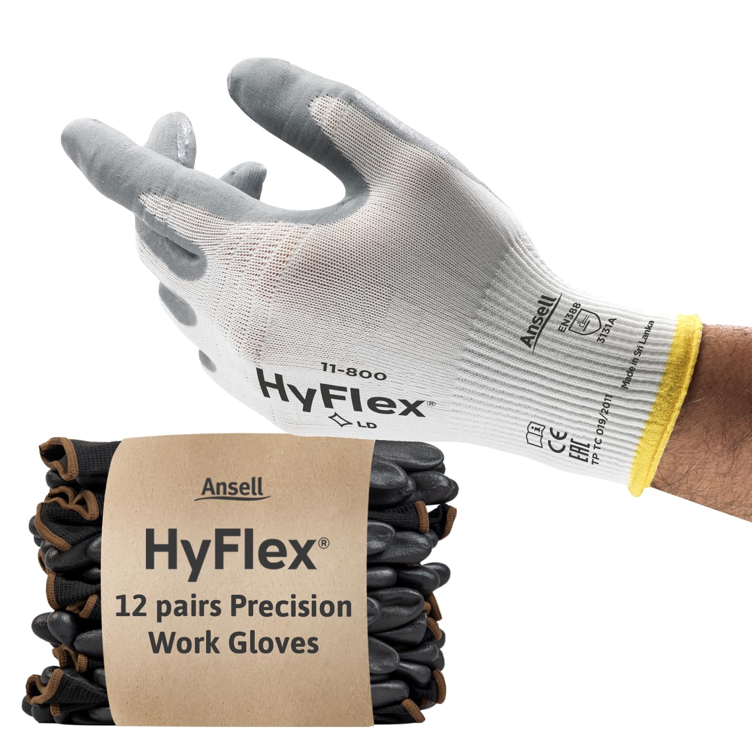 Ansell HyFlex 11-800 Professional Work Gloves, Abrasion Resistant Nitrile Coating with Firm Grip, Multipurpose Protection Gloves, Mechanical and Industrial Safety, White, Size S (12 Pairs)