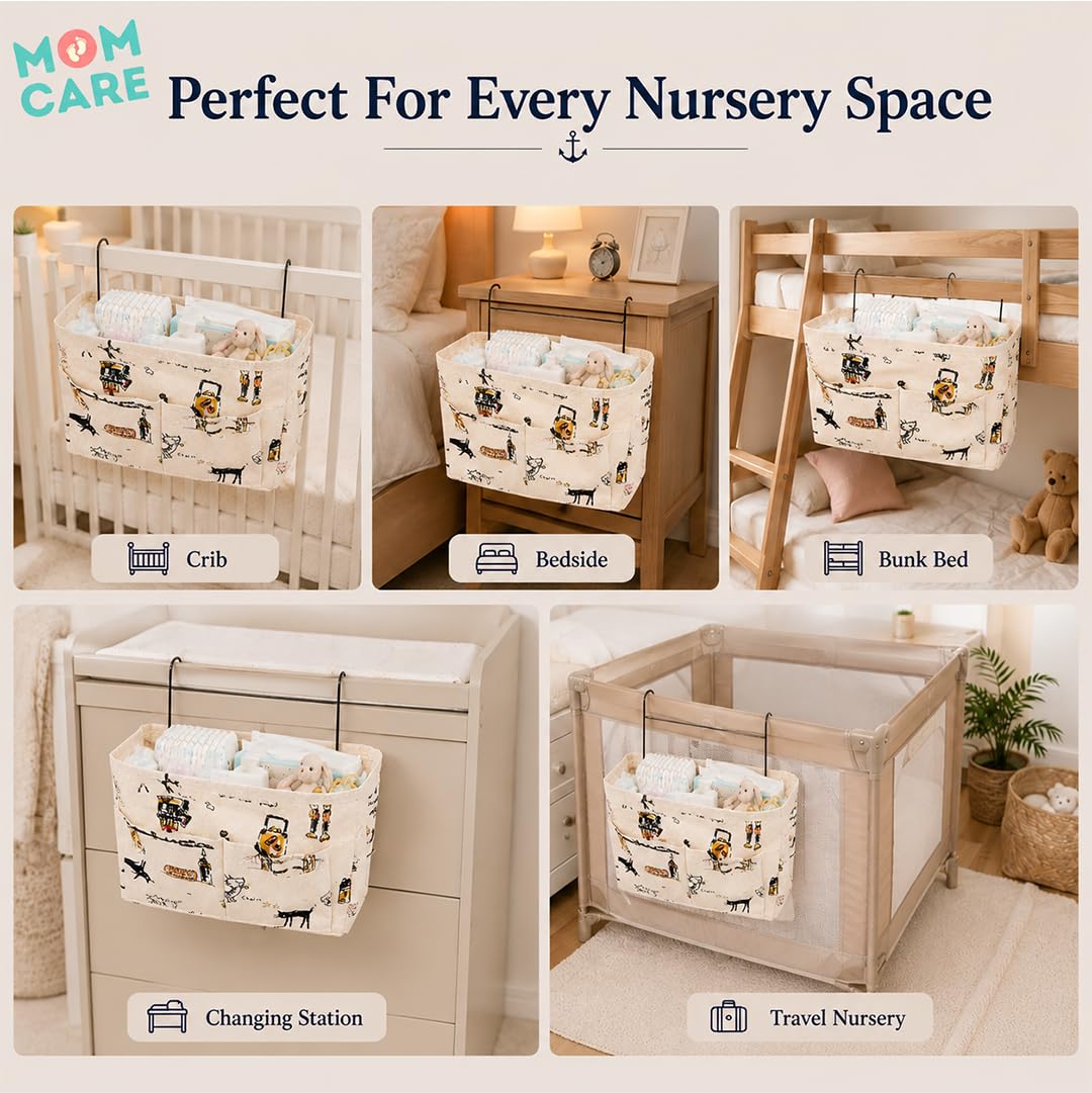 MOM CARE Hanging Cot Diaper Storage Bag Bedside Organizer Canvas Caddy Large Capacity Bed Rail Pocket With Wire Hooks For Nursery Books Toys Diapers Marine Anchor Print Cream Color 4