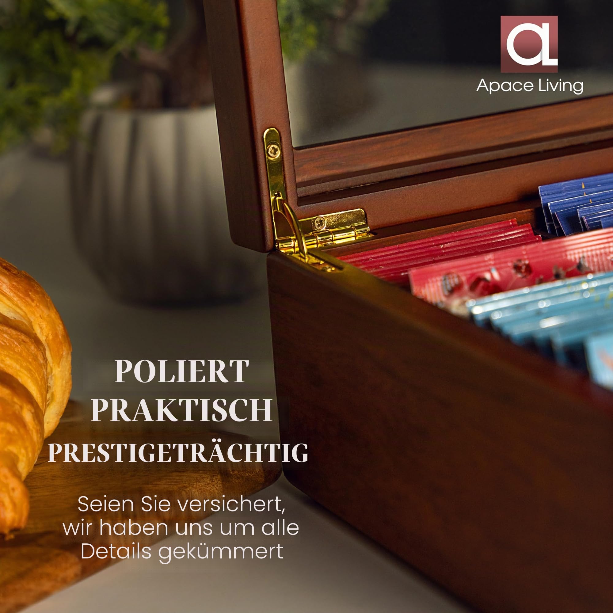 Tee Box von Apace Living - Luxeriöse Tee Aufbewahrung Box Holz – 8 Fächer für die Aufbewahrung von Teebeuteln - Handgefertigte Teebox mit kratzfestem Sichtfenster – Elegante Teebeutel Aufbewahrungsbox