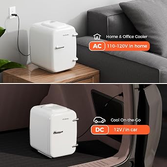 YASHE Mini Fridge, 4 Liter/6 Can Mini Makeup Fridge, 110V AC/ 12V DC Portable Thermoelectric Cooler&Warmer for Skincare, Drink, Cosmetic, Medicine, Small fridge for Bedroom, Office, Dorm, Car, White